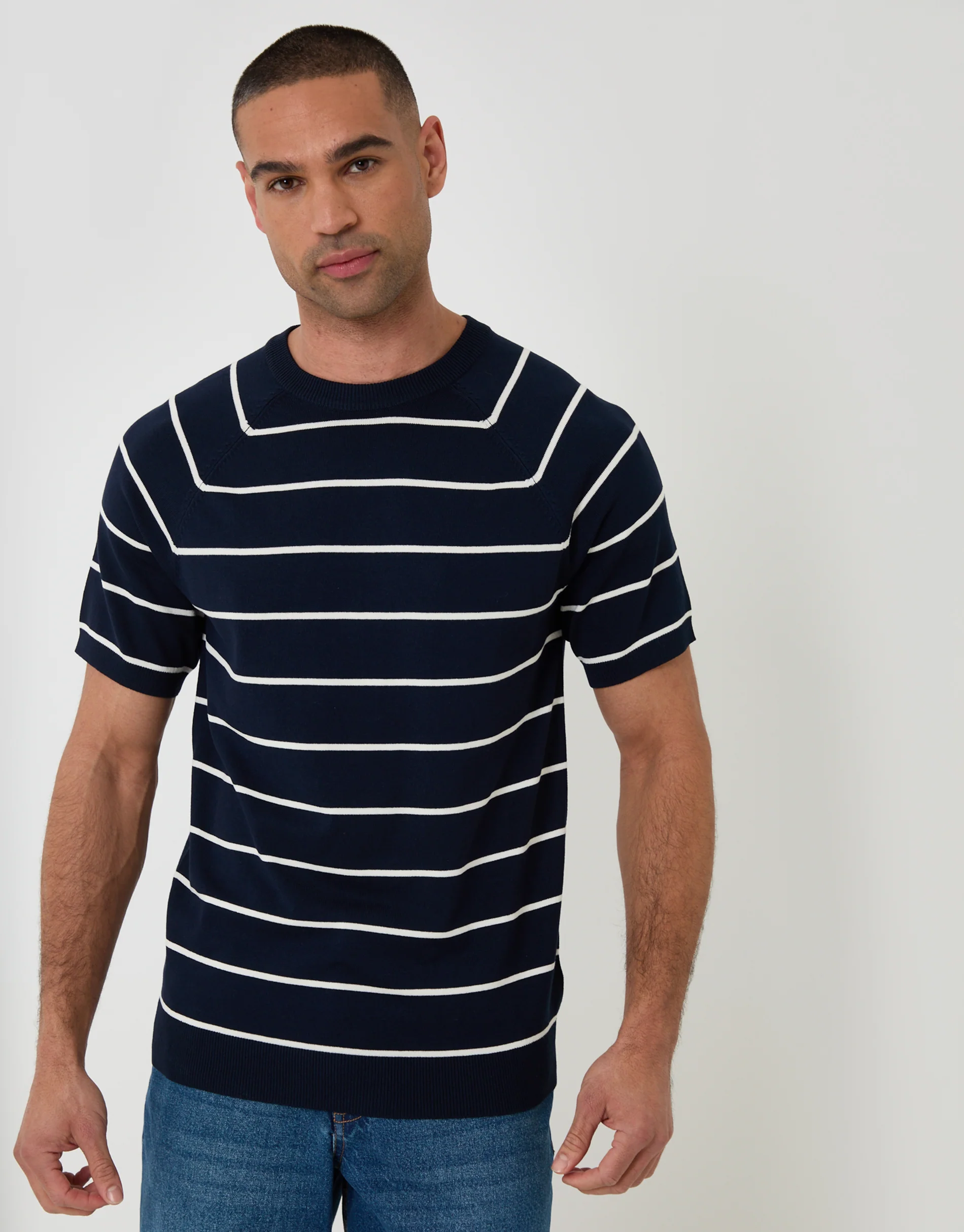 Textured Knitted T-Shirt in Navy Stripe
