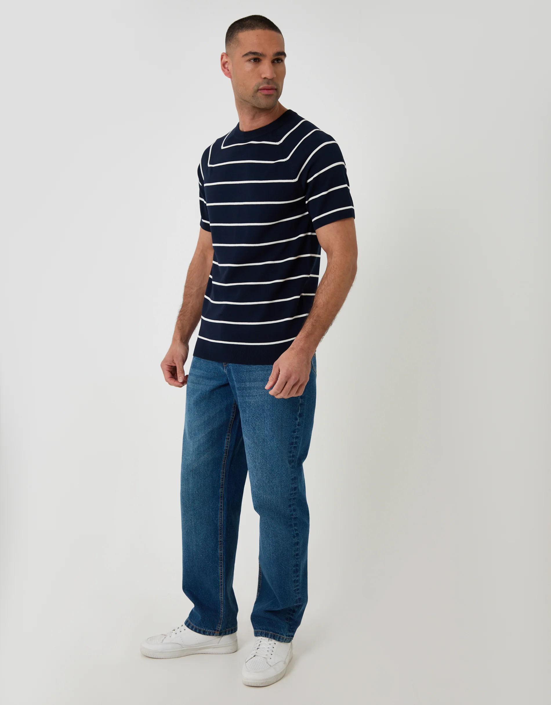 Textured Knitted T-Shirt in Navy Stripe - Image 3