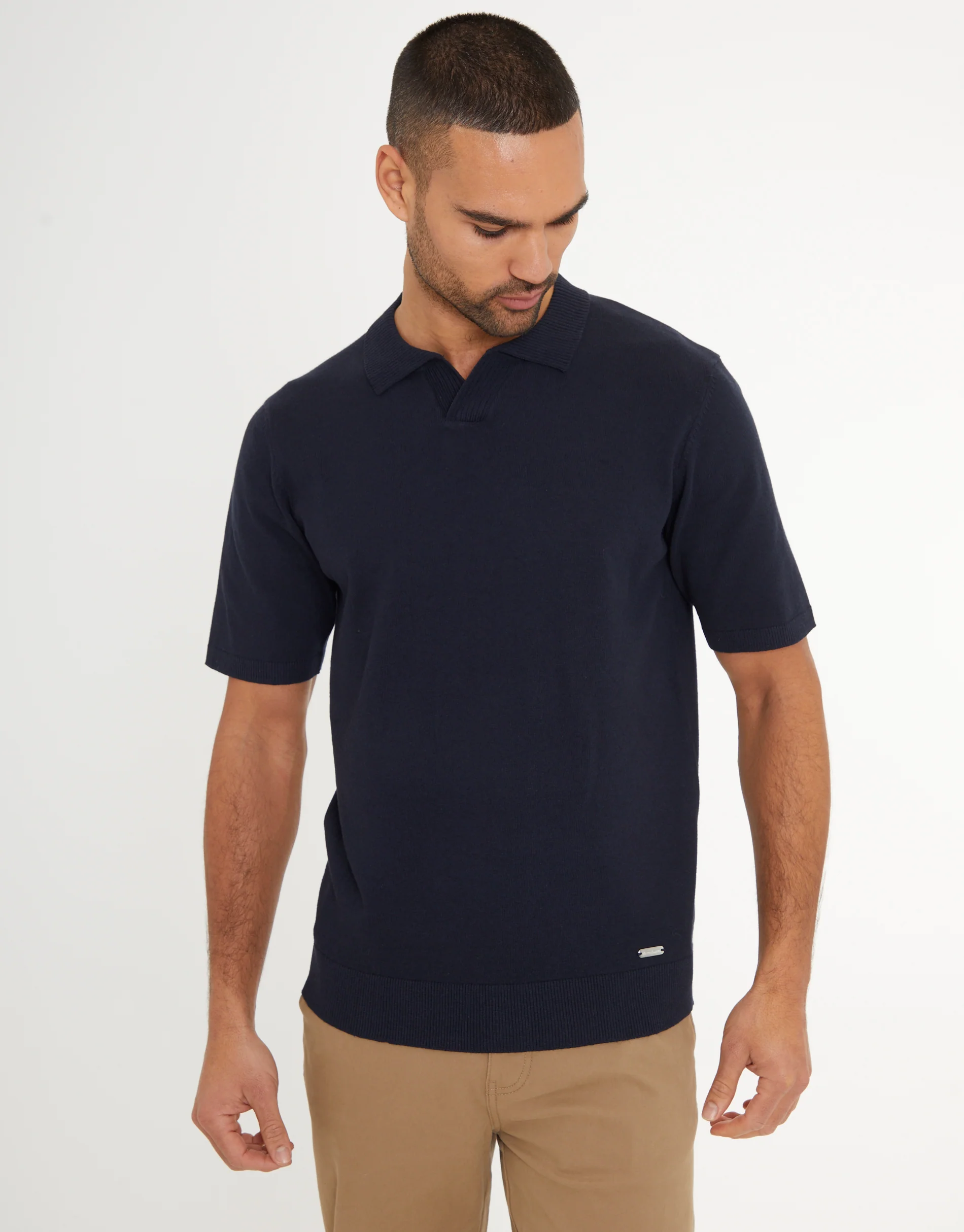 Trophy Neck Knitted Polo in Navy