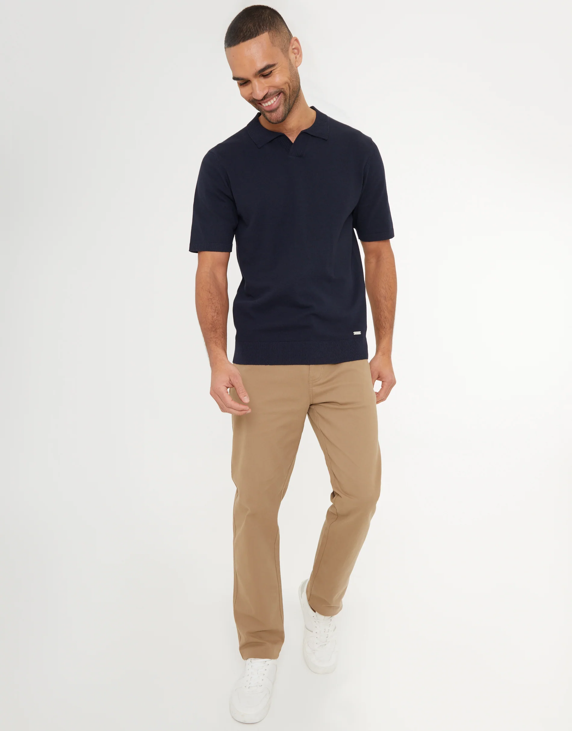 Trophy Neck Knitted Polo in Navy - Image 3