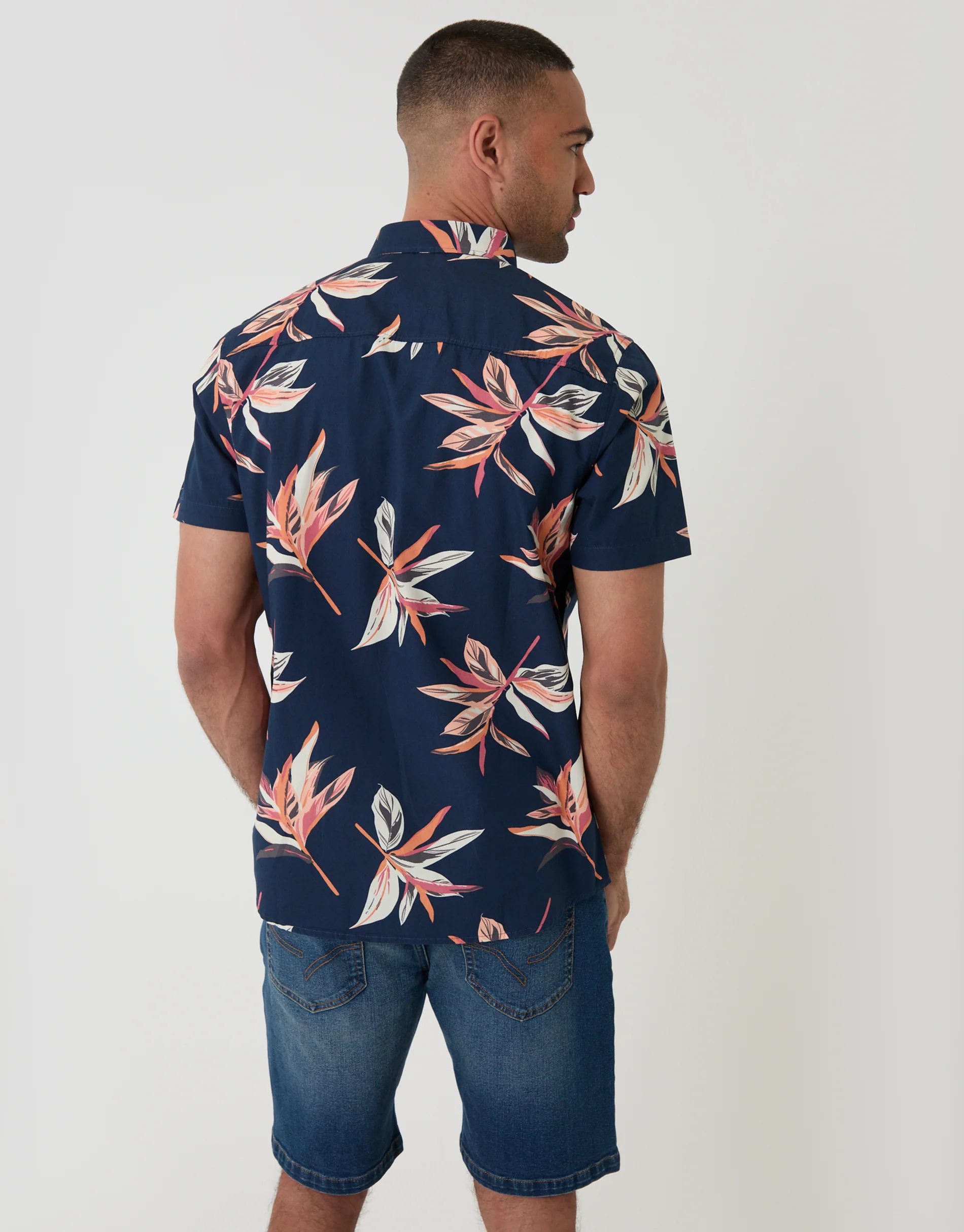 Tropical Leaf Print Cotton Short Sleeve Shirt in Navy - Image 2
