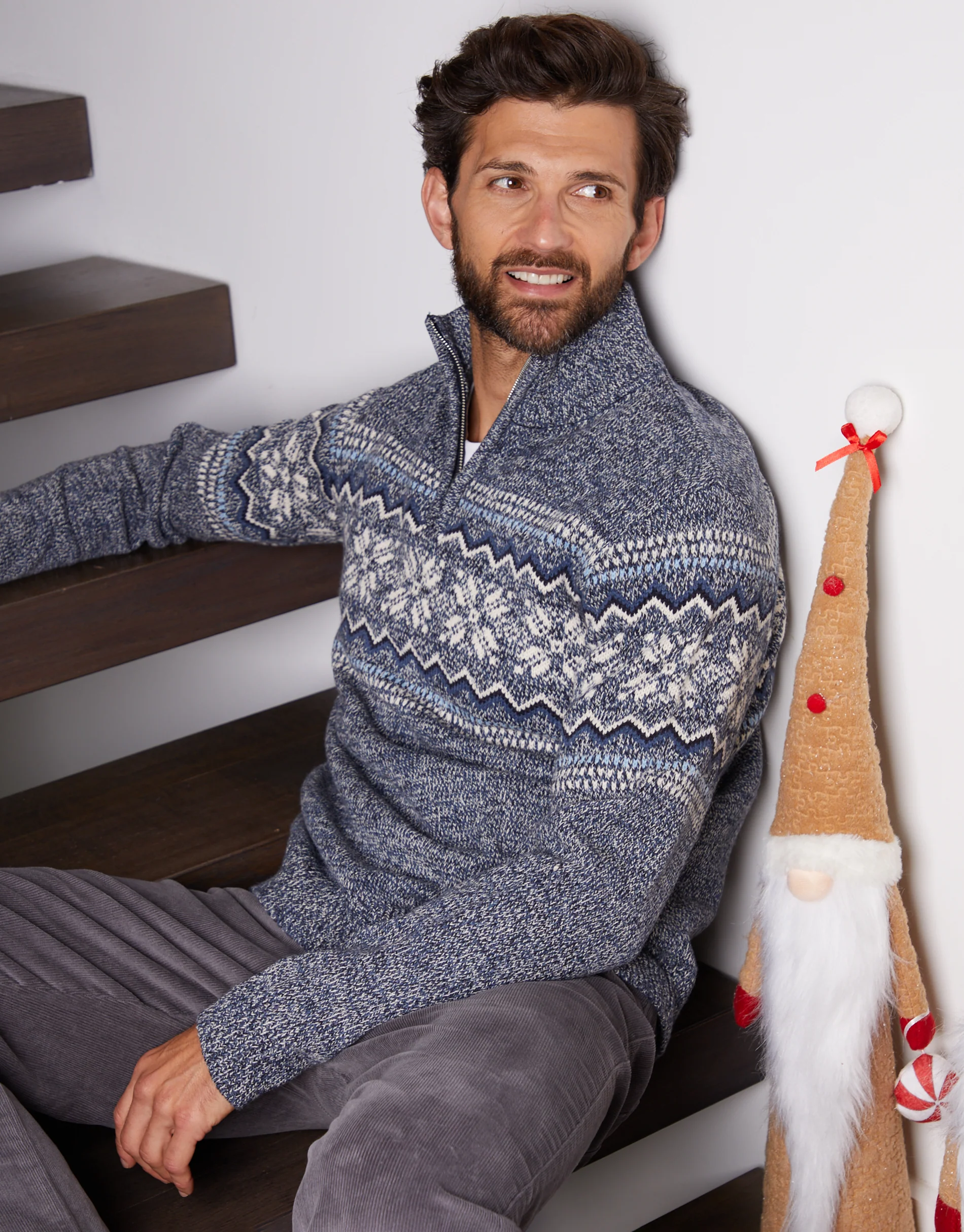Fairisle Knitted Quarter Zip Jumper in Navy Twist