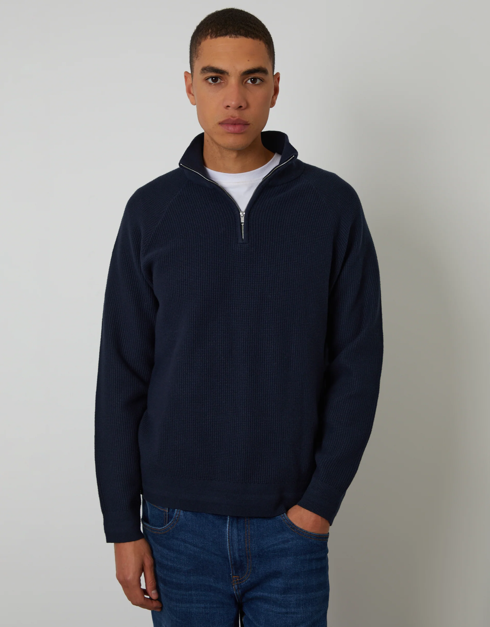 Waffle Knit Raglan Quarter Zip Jumper in Navy