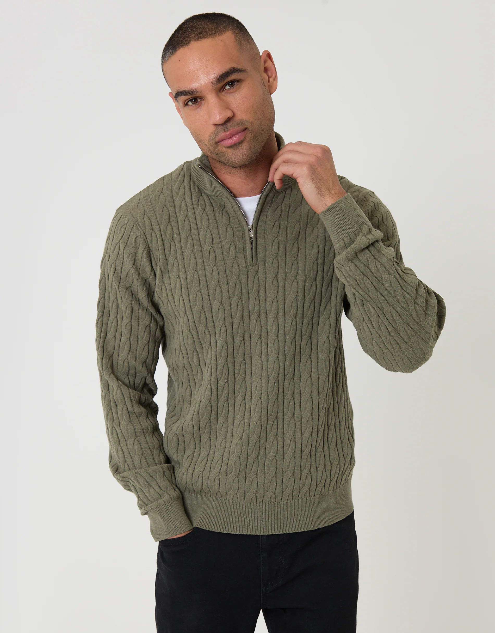 Cable Knit Quarter Zip Jumper in Olive Green