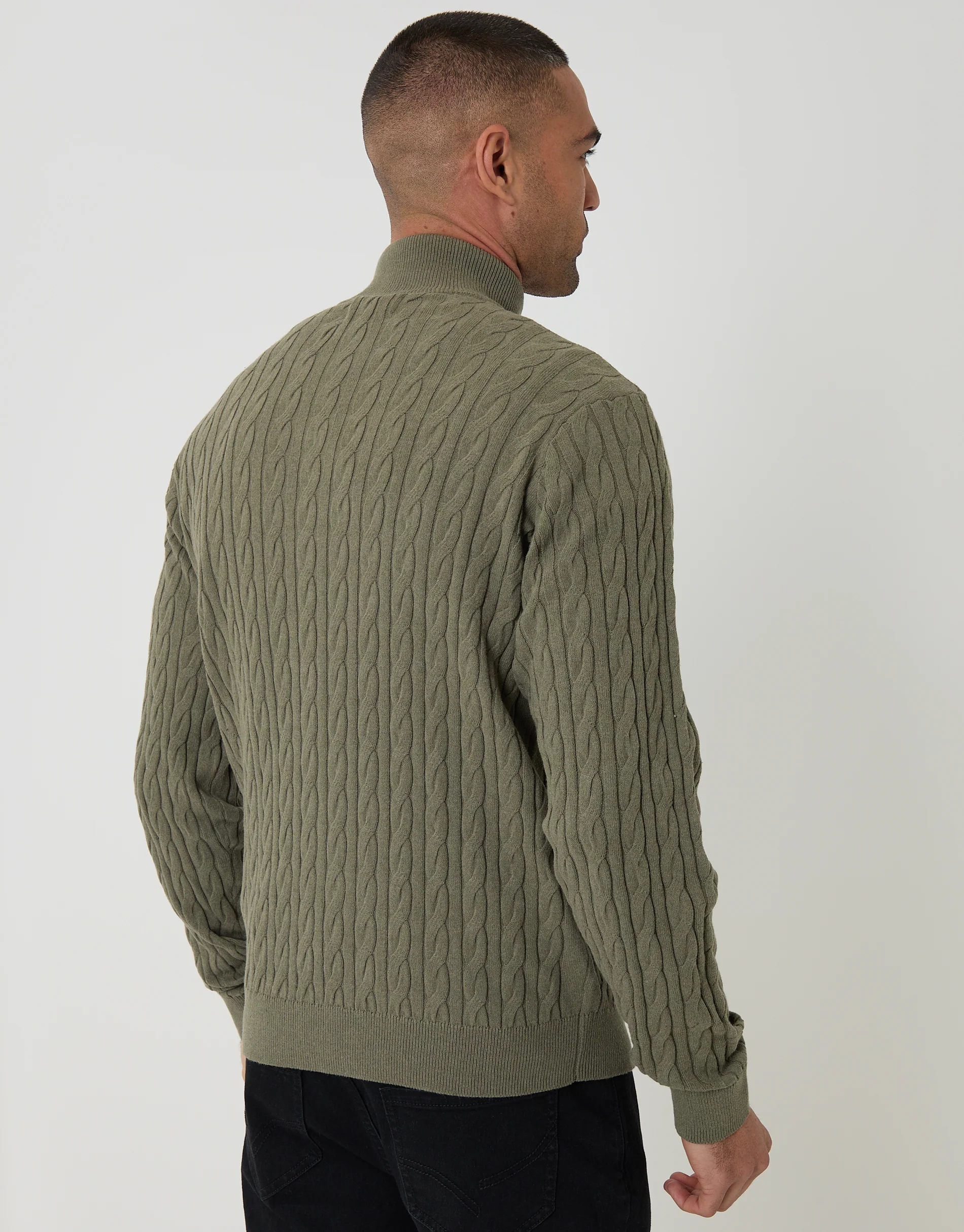 Cable Knit Quarter Zip Jumper in Olive Green - Image 2