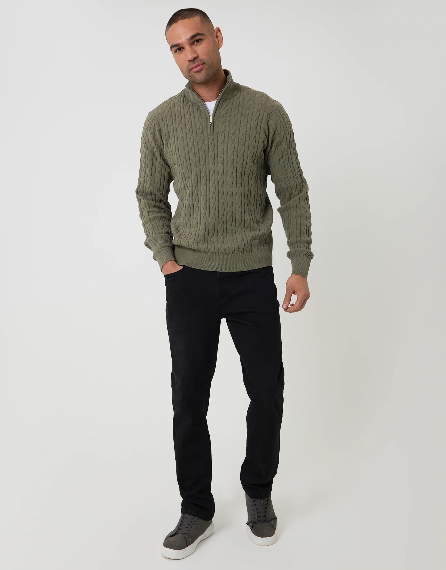 Cable Knit Quarter Zip Jumper in Olive Green - Image 3
