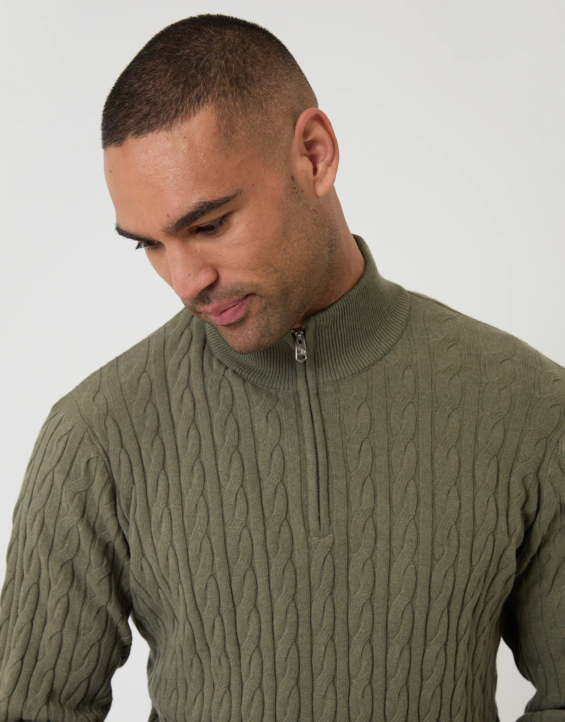 Cable Knit Quarter Zip Jumper in Olive Green - Image 4