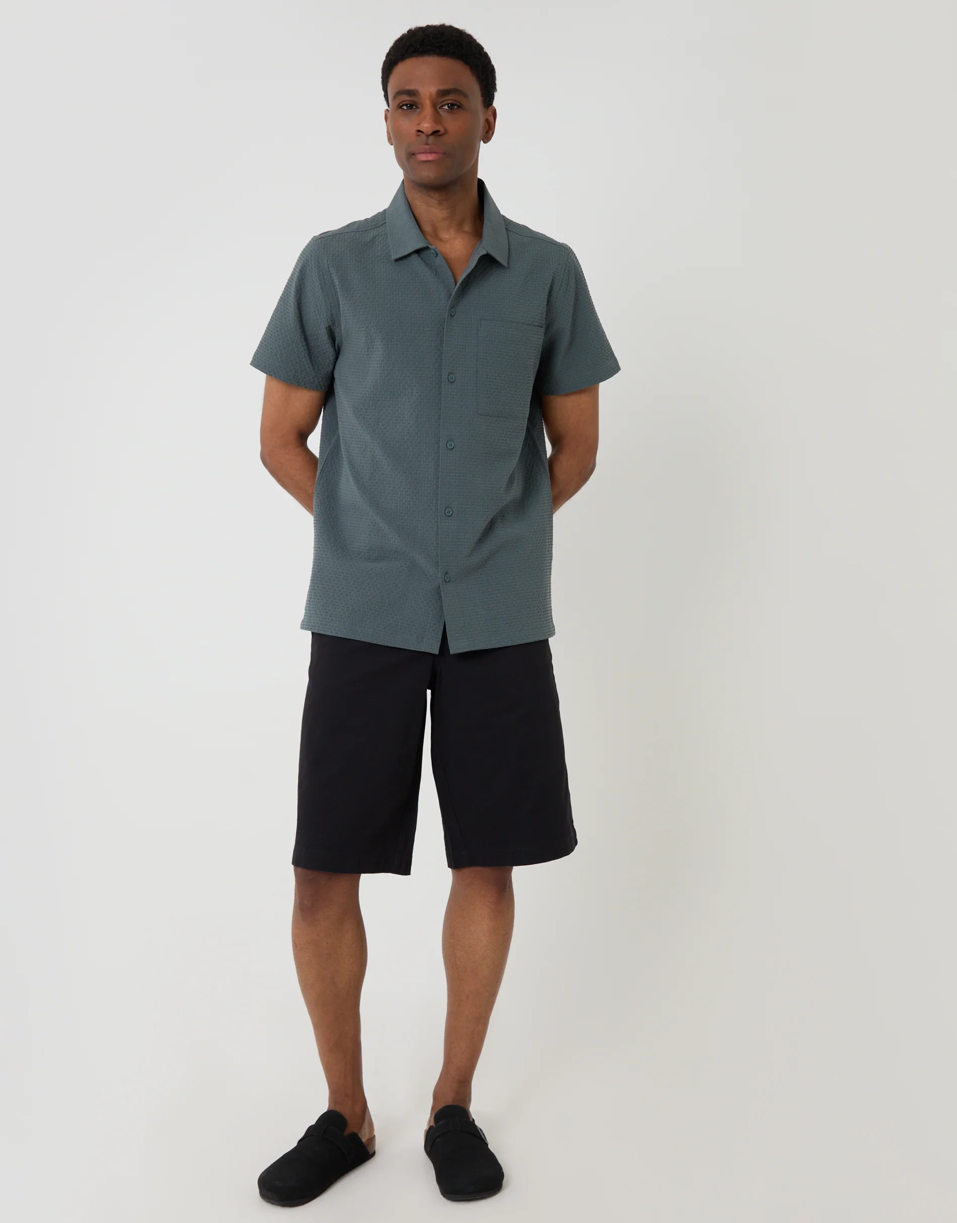 Boxy Fit  Textured Short Sleeve Shirt in Petrol Blue - Image 3
