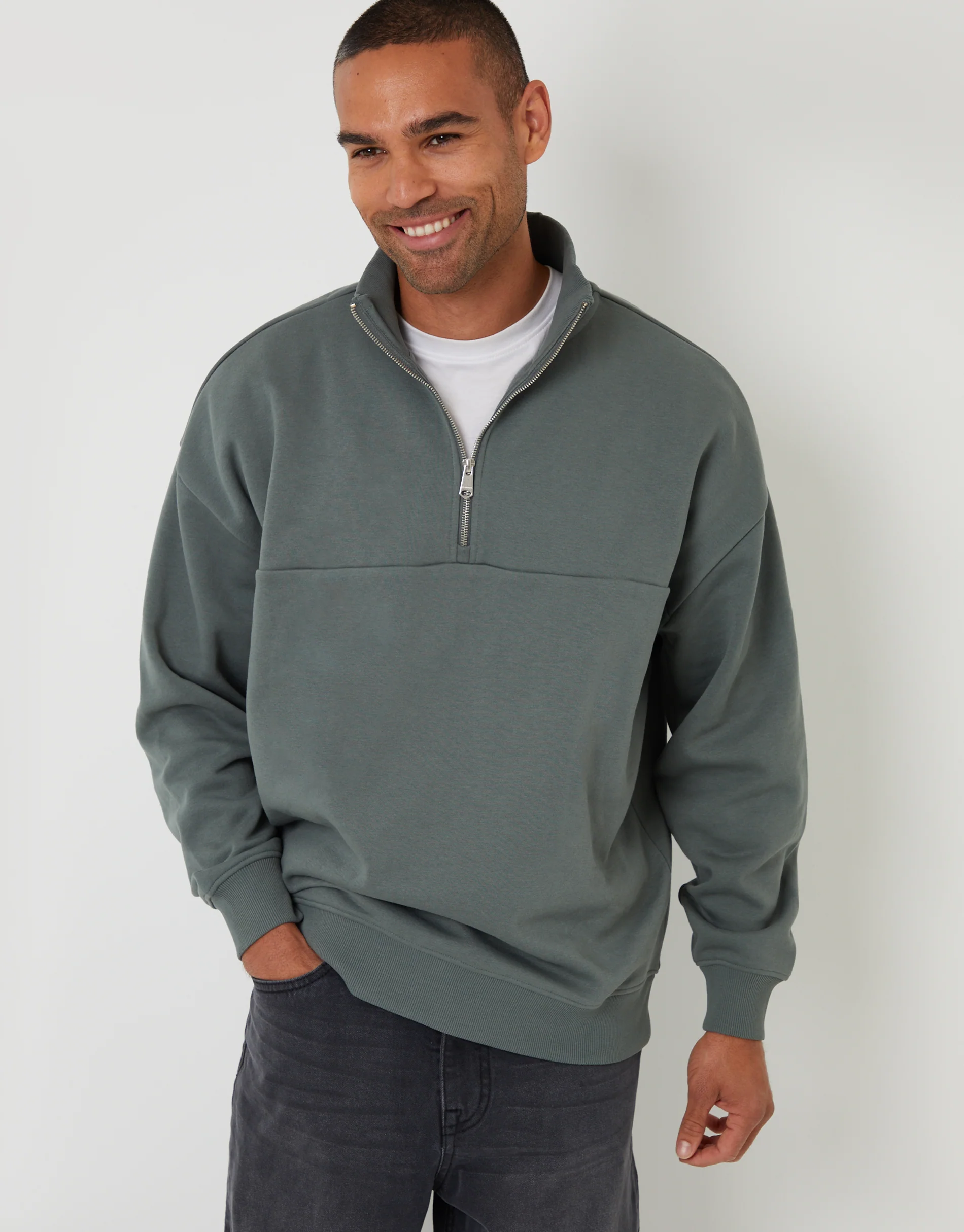Relaxed Fit Half Zip Sweatshirt in Petrol Blue