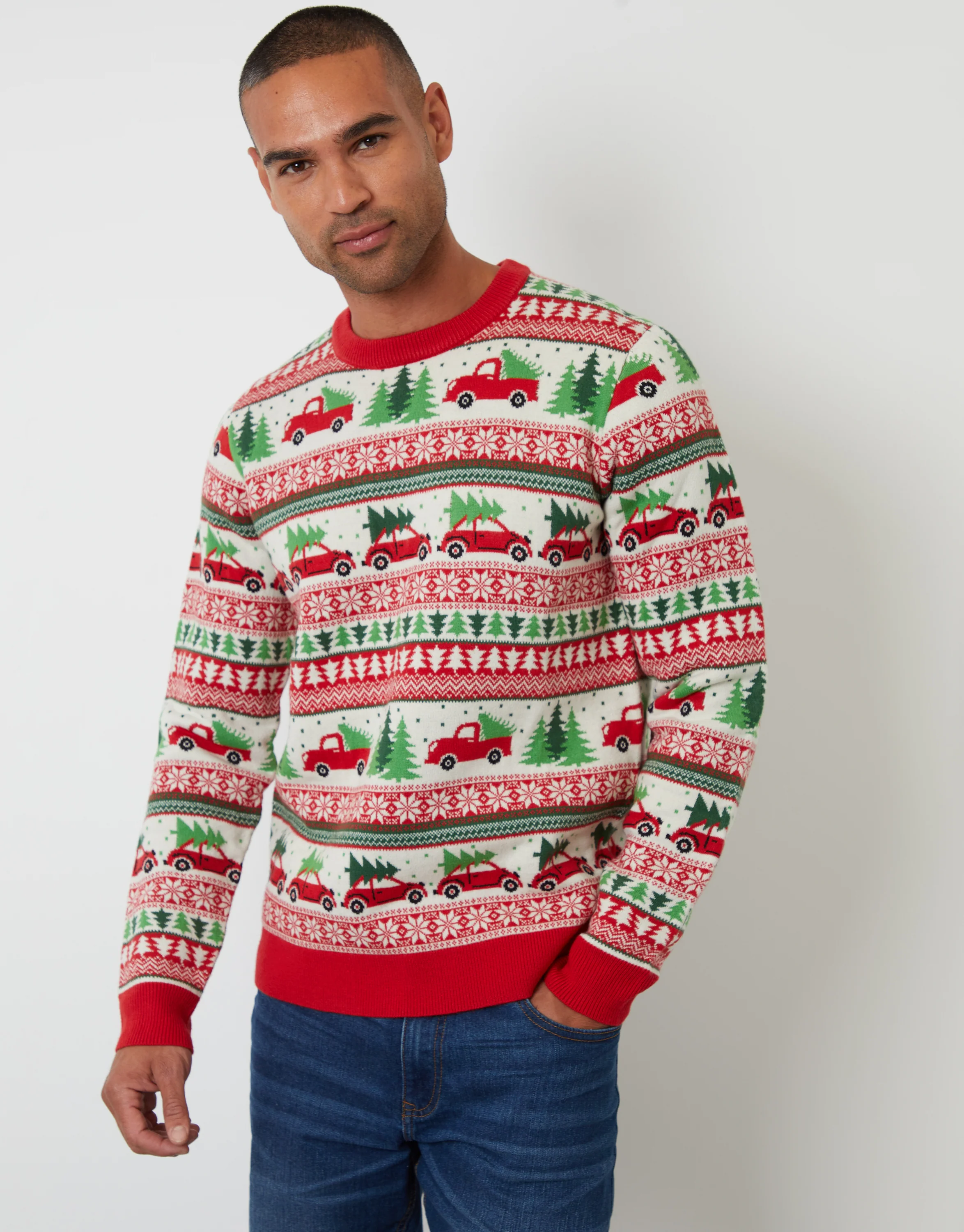Christmas Car Fairisle Knitted Crew Neck Jumper in Red - Image 2