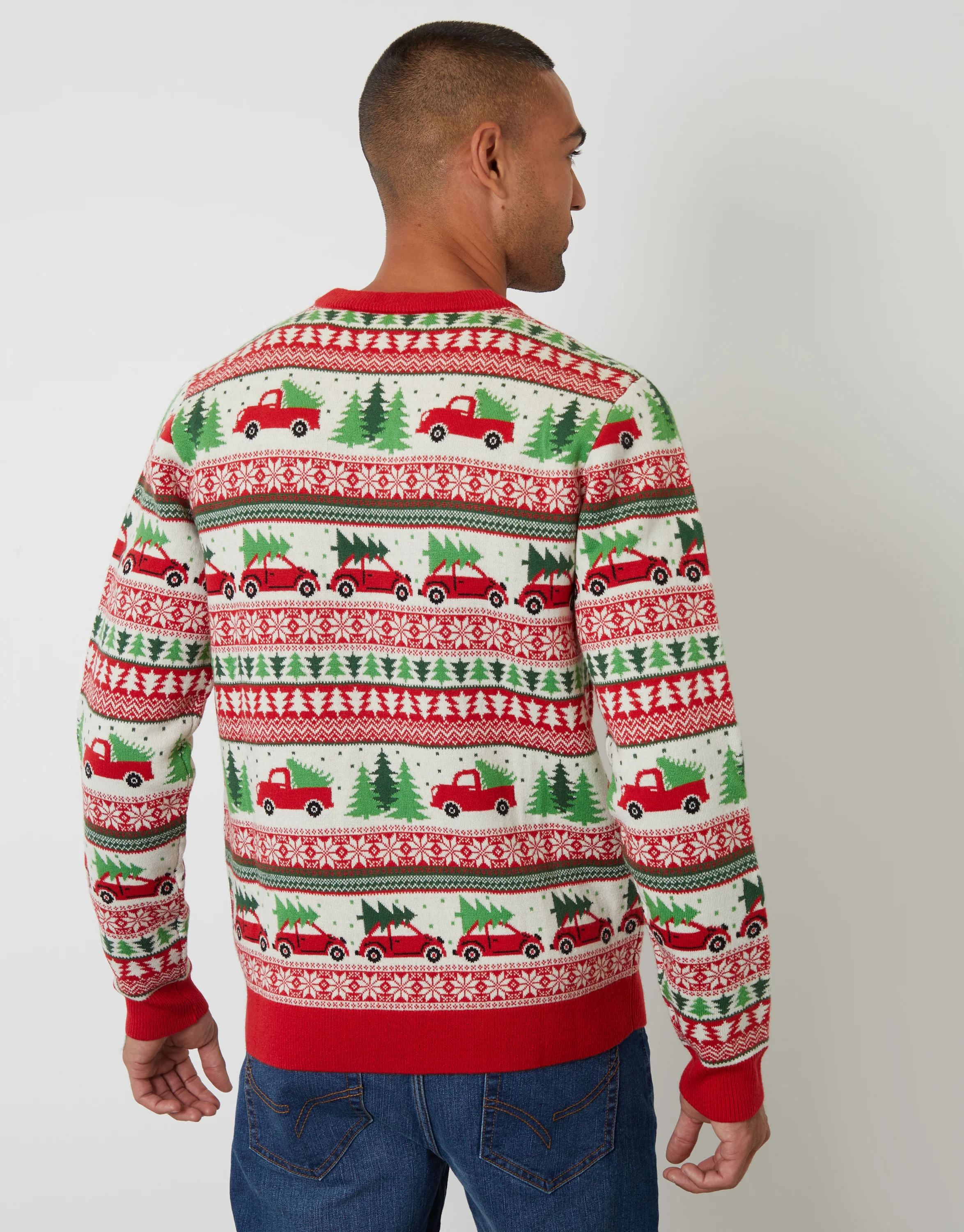 Christmas Car Fairisle Knitted Crew Neck Jumper in Red - Image 3
