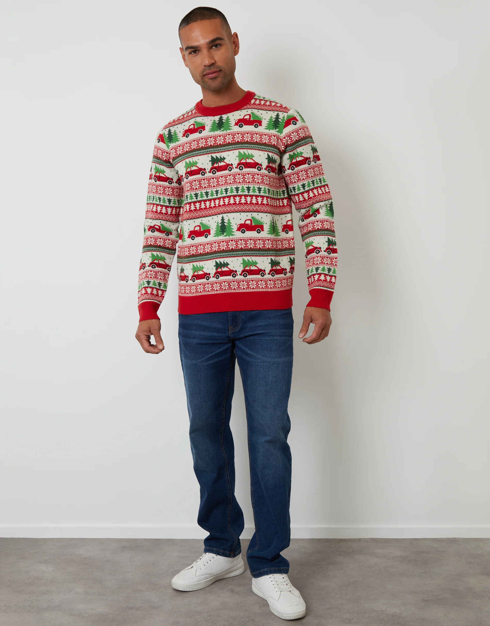 Christmas Car Fairisle Knitted Crew Neck Jumper in Red - Image 4