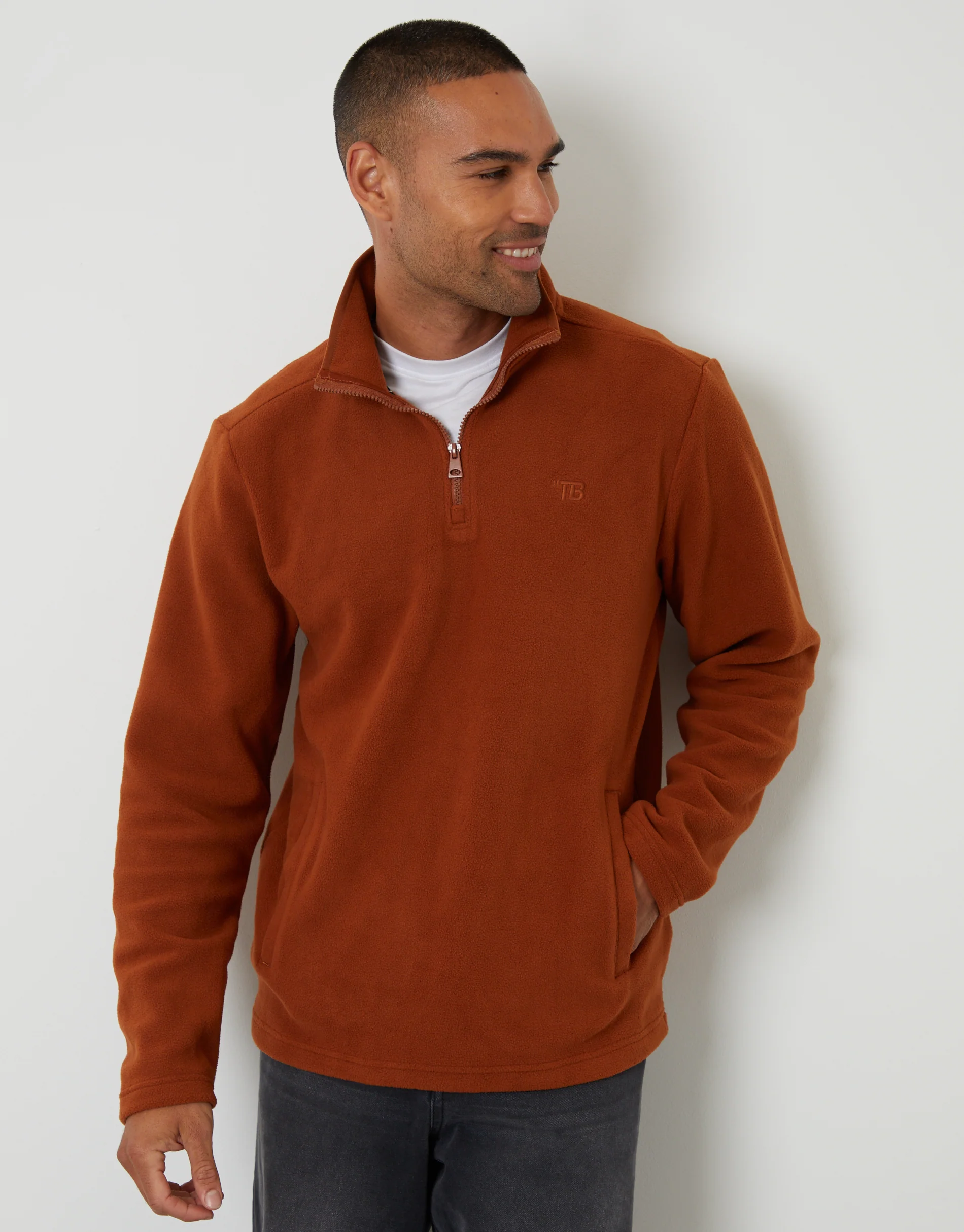Quarter Zip Microfleece Sweatshirt in Rust Orange