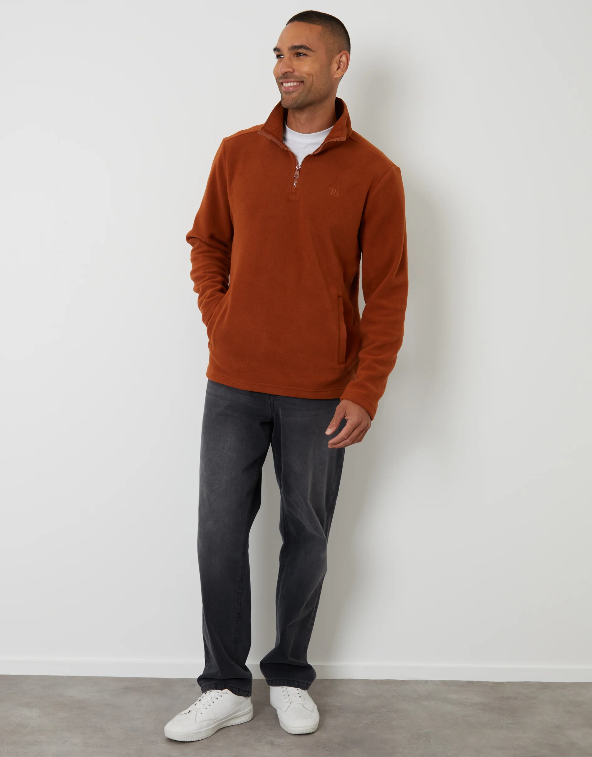 Quarter Zip Microfleece Sweatshirt in Rust Orange - Image 3