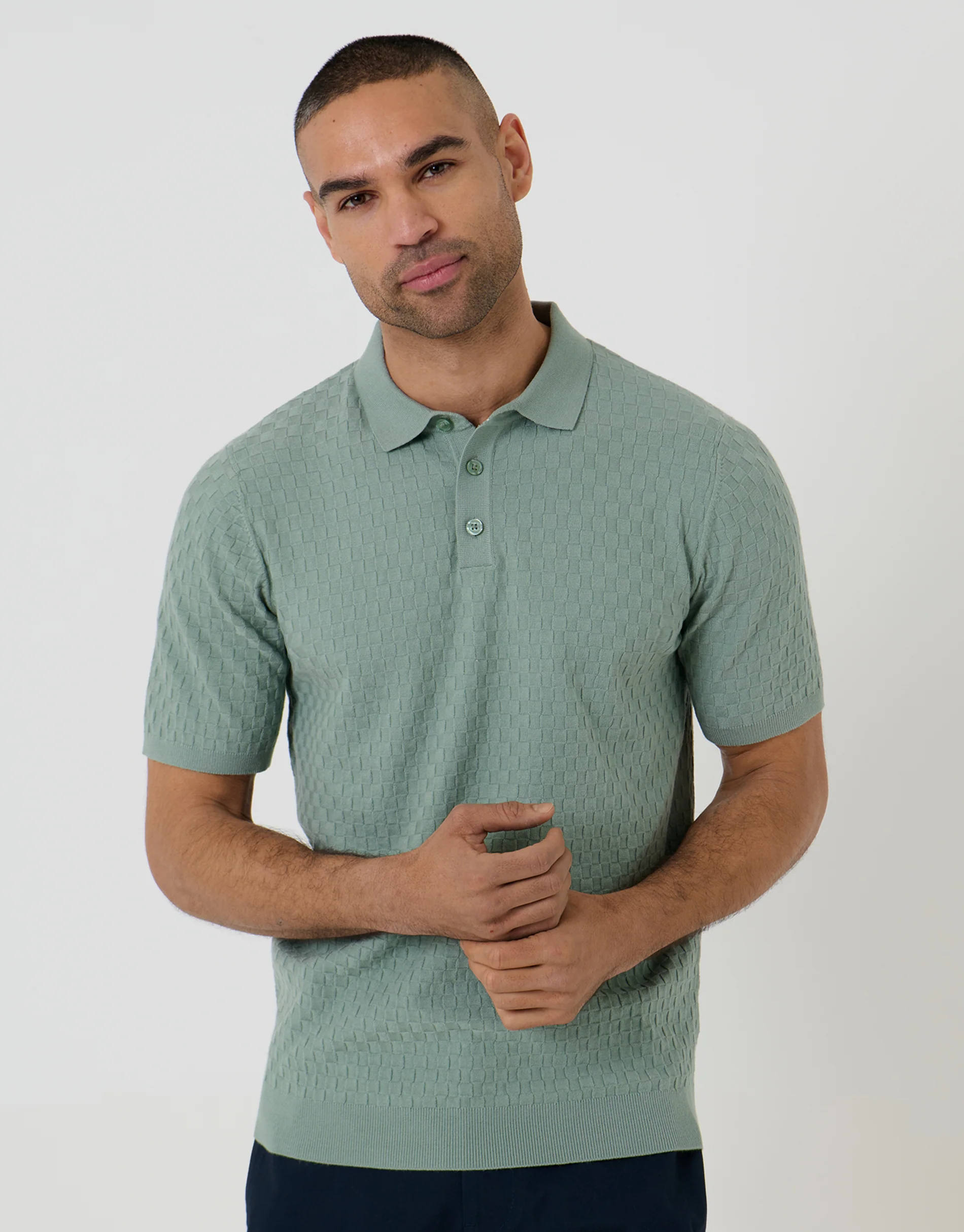 Basket Stitch Knitted Polo in Sage Green