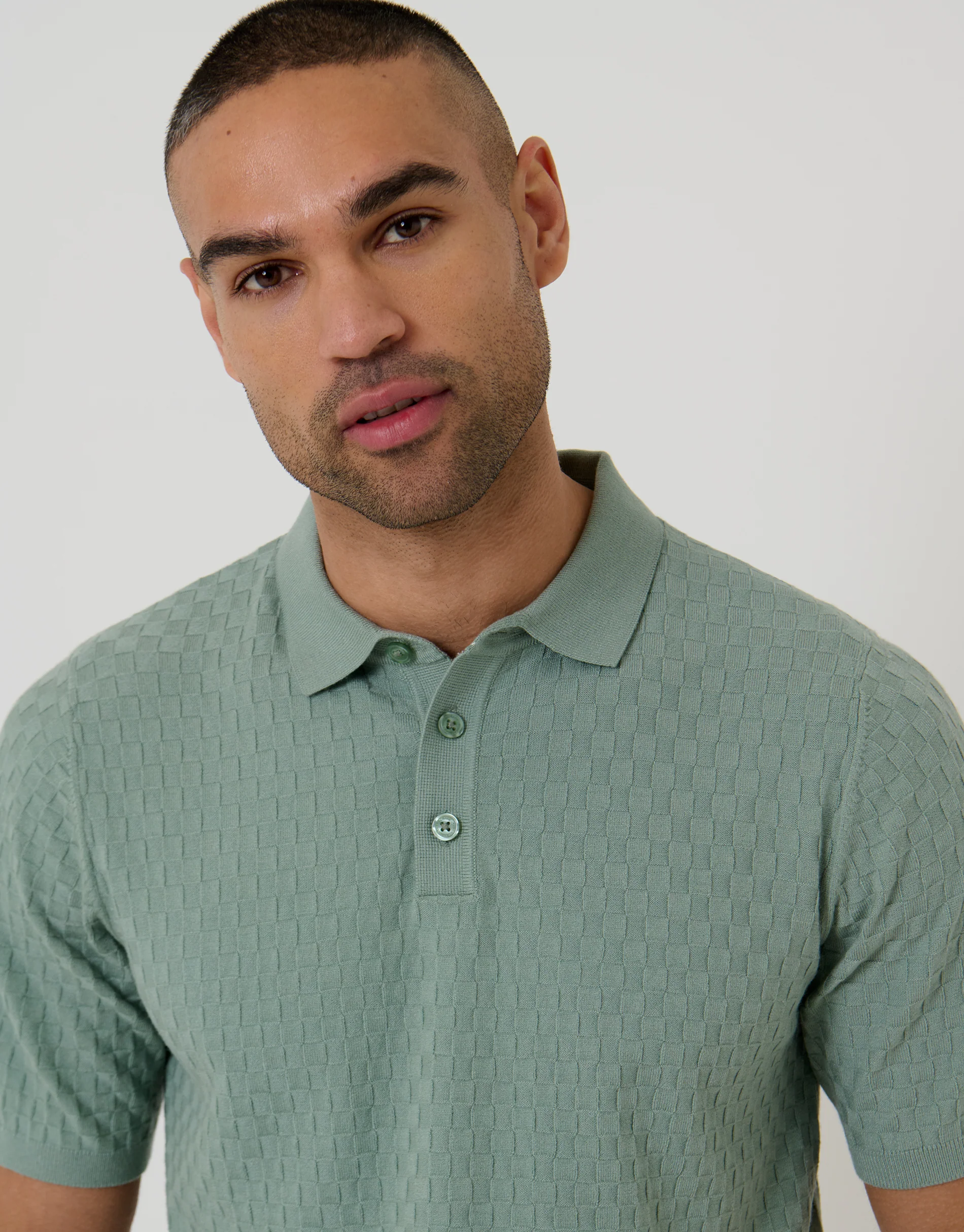 Basket Stitch Knitted Polo in Sage Green - Image 4