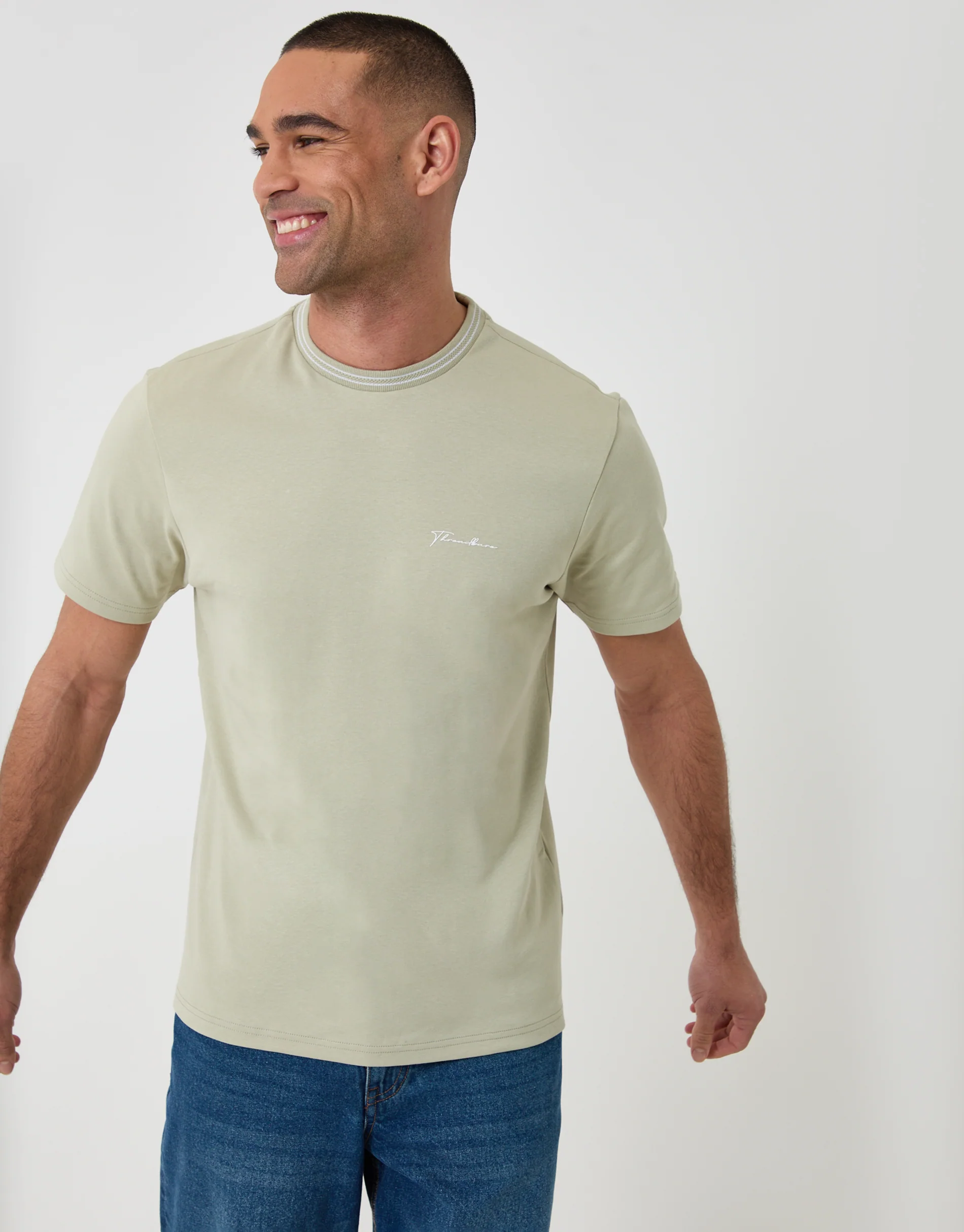 Cotton Crew Neck Script T-Shirt in Sage Green