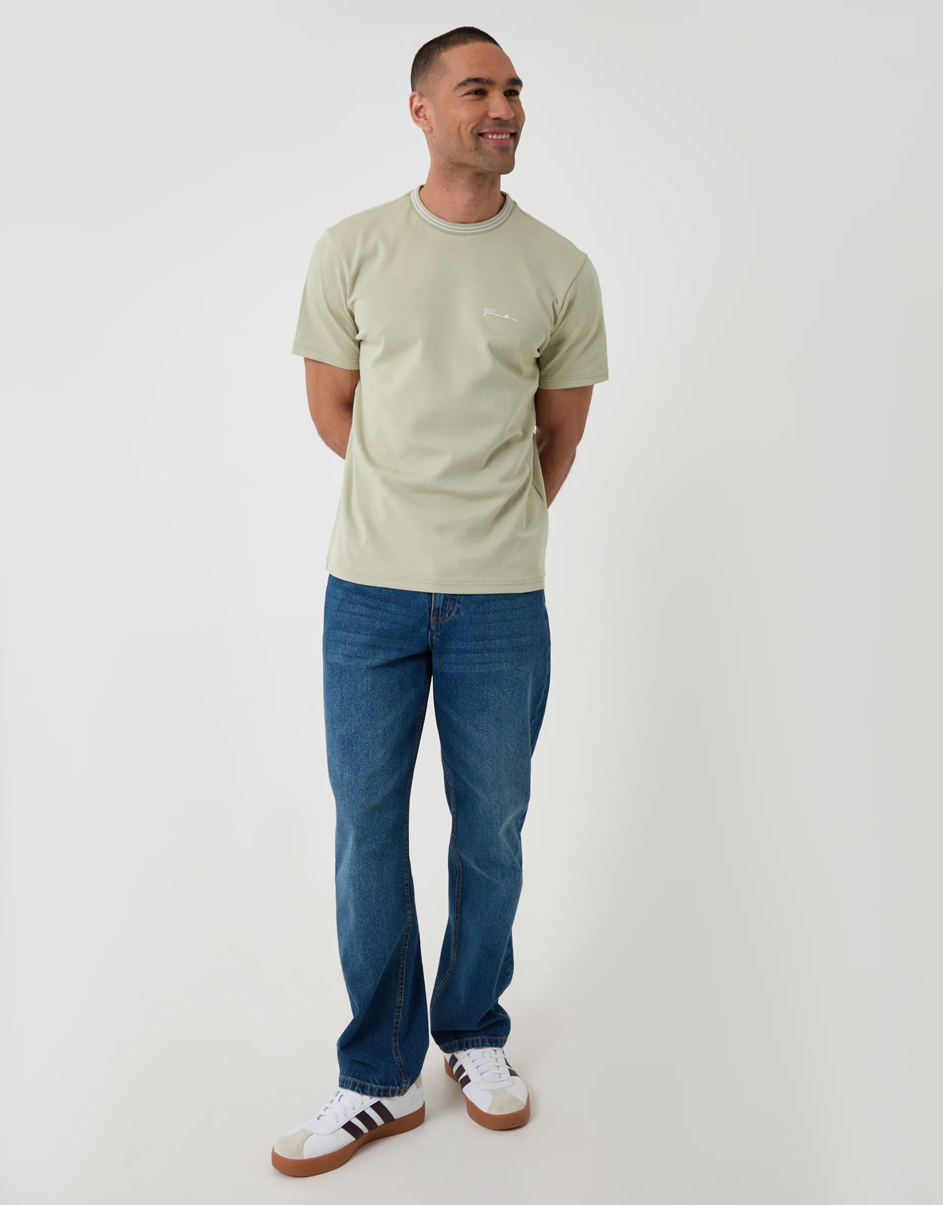 Cotton Crew Neck Script T-Shirt in Sage Green - Image 3