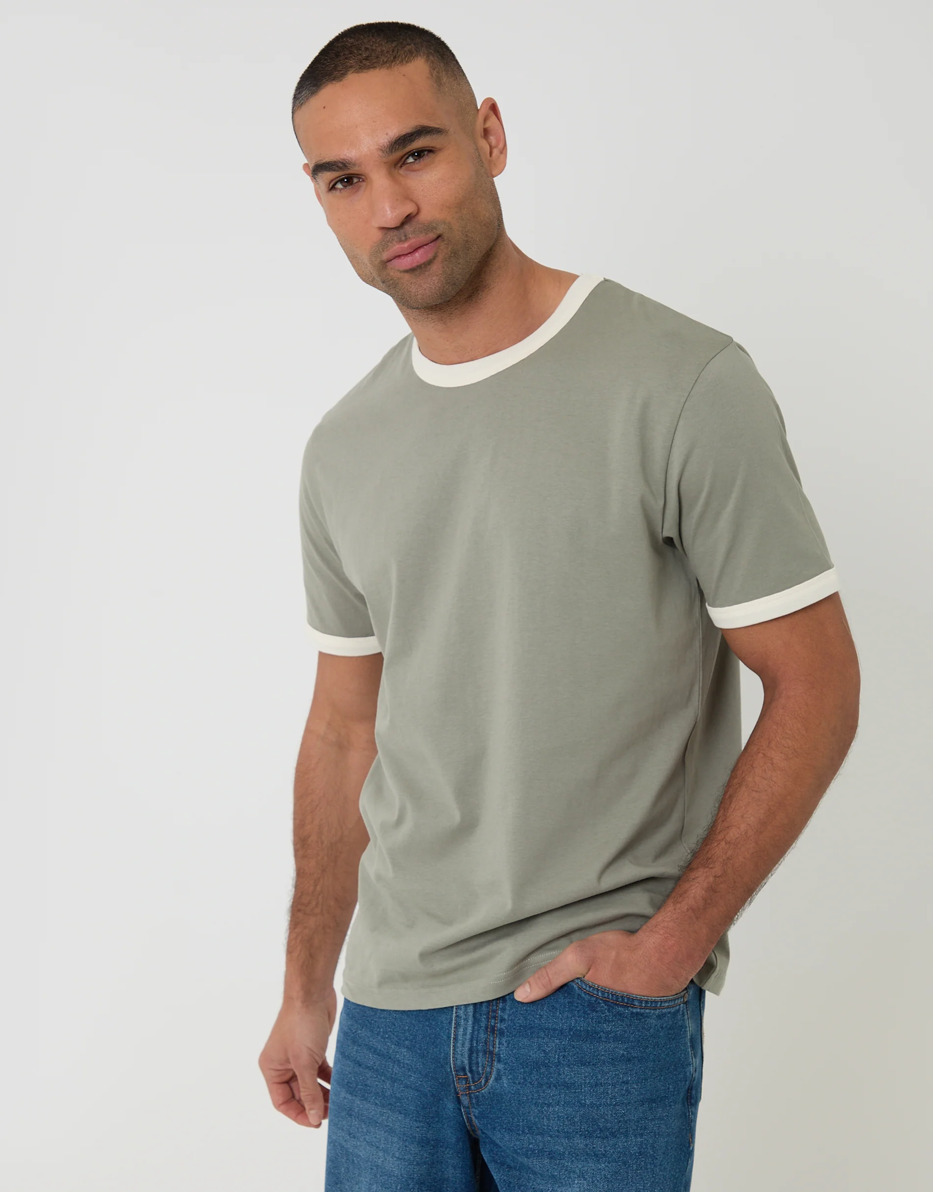 Cotton Ringer T-Shirt in Sage Green
