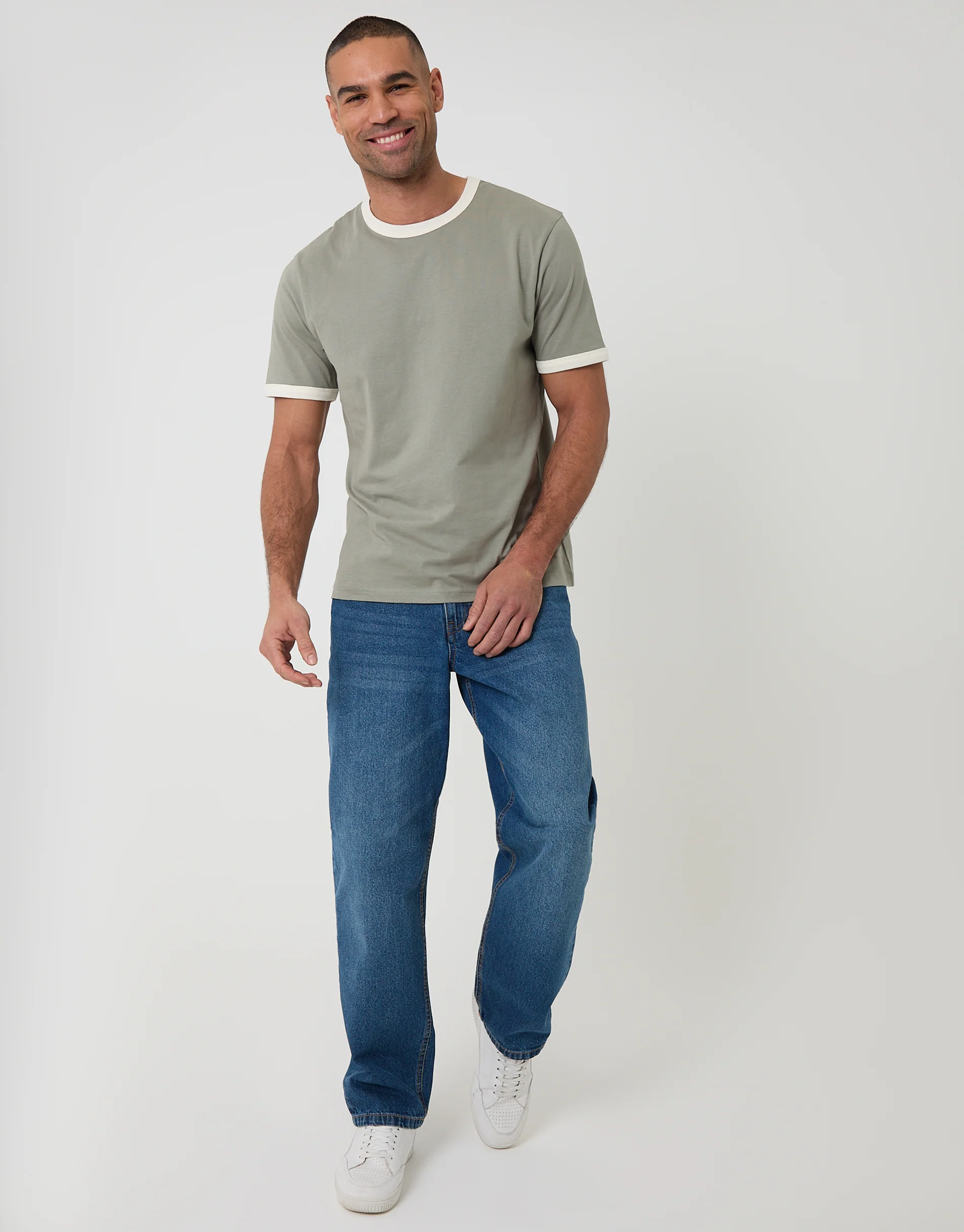 Cotton Ringer T-Shirt in Sage Green - Image 3