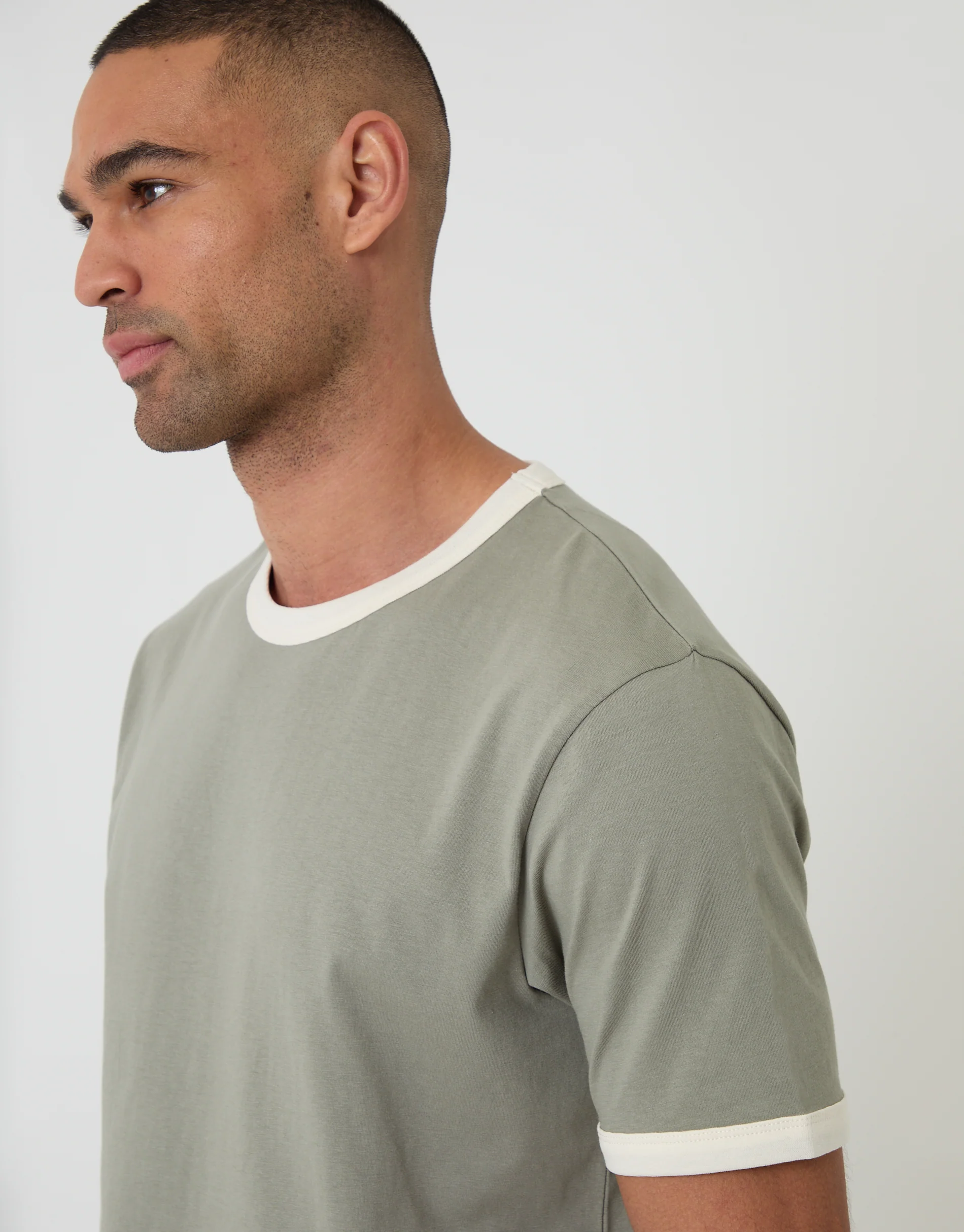 Cotton Ringer T-Shirt in Sage Green - Image 4
