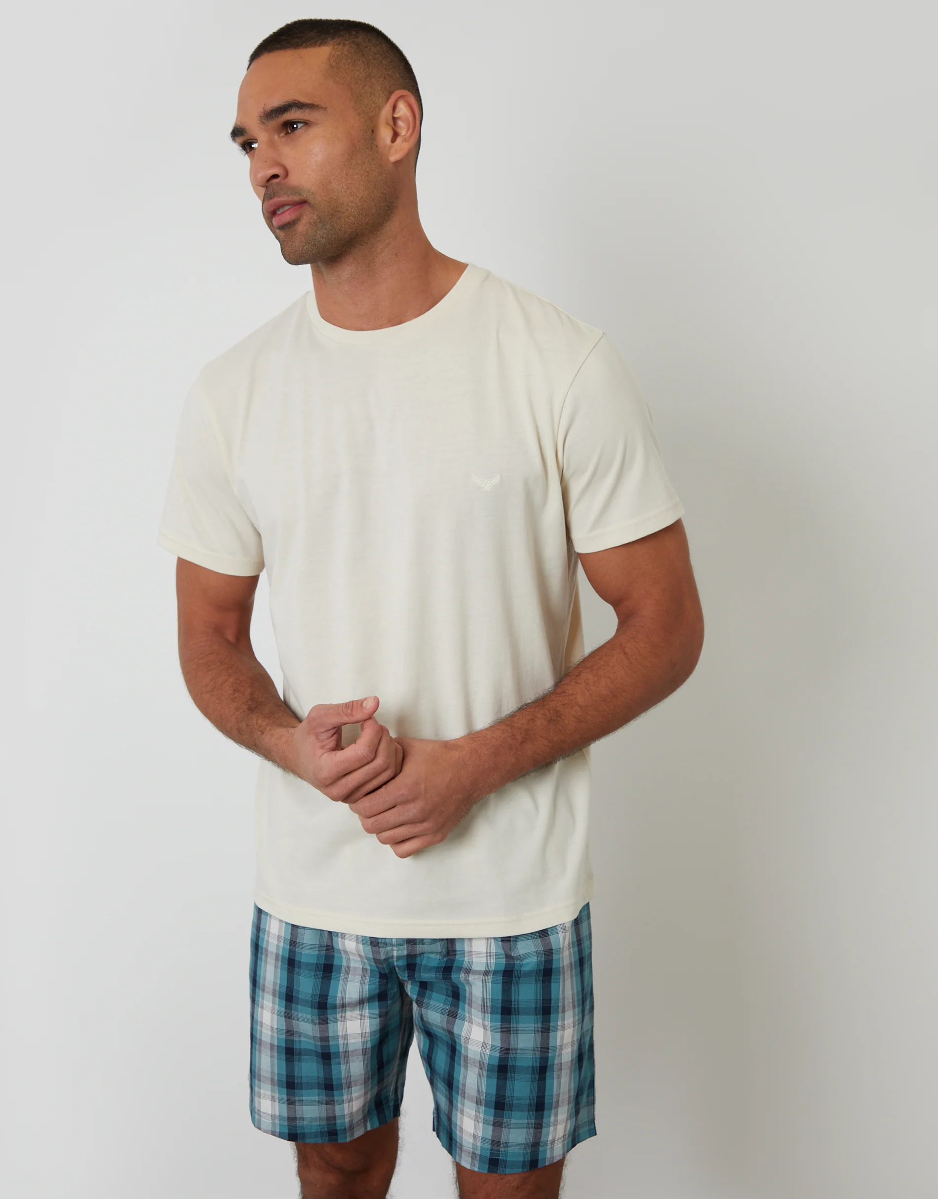 T-Shirt & Shorts Pyjama Set in Ecru & Blue Check