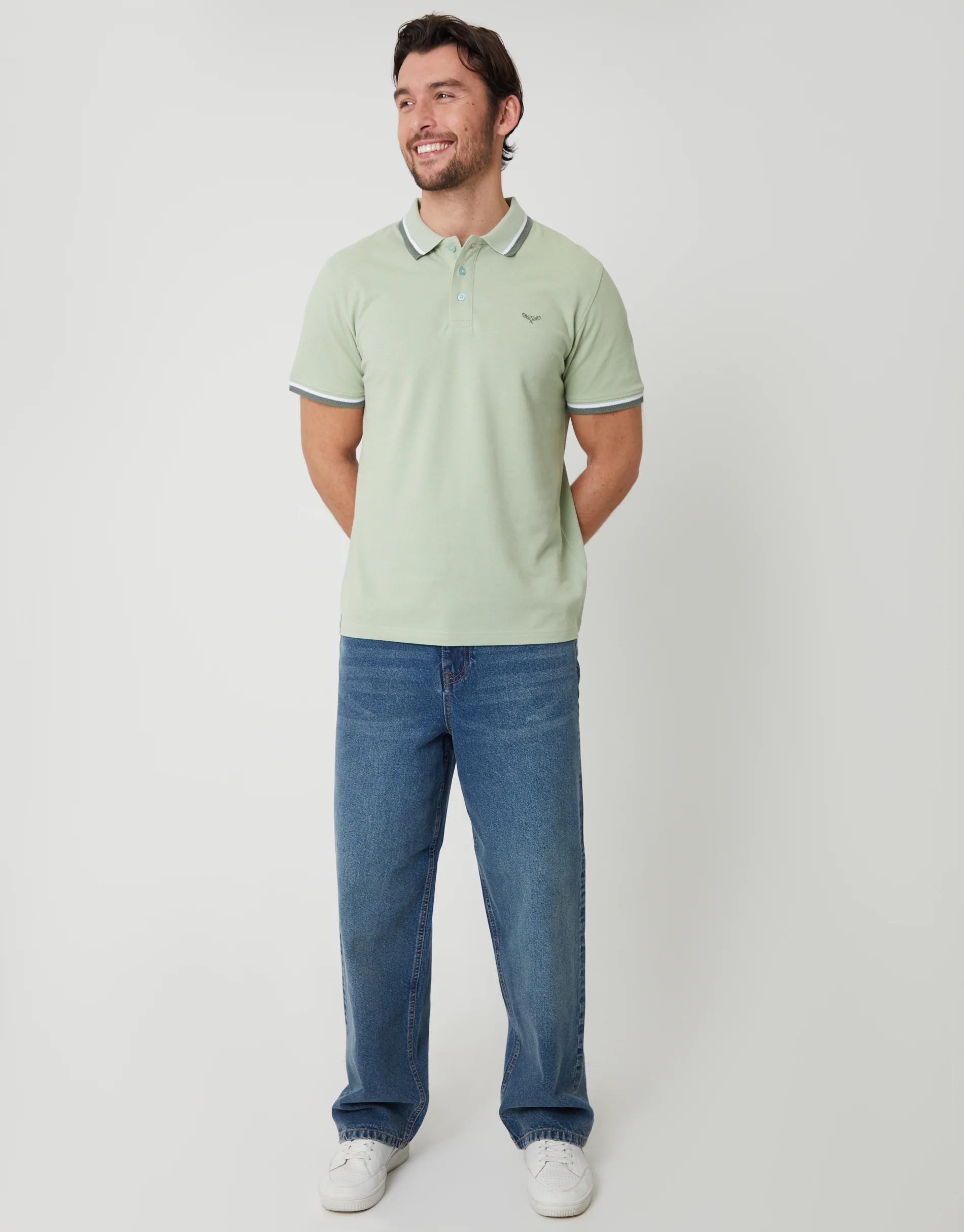 Herringbone Tipping Detail Pique Polo Shirt in Sage Green - Image 3