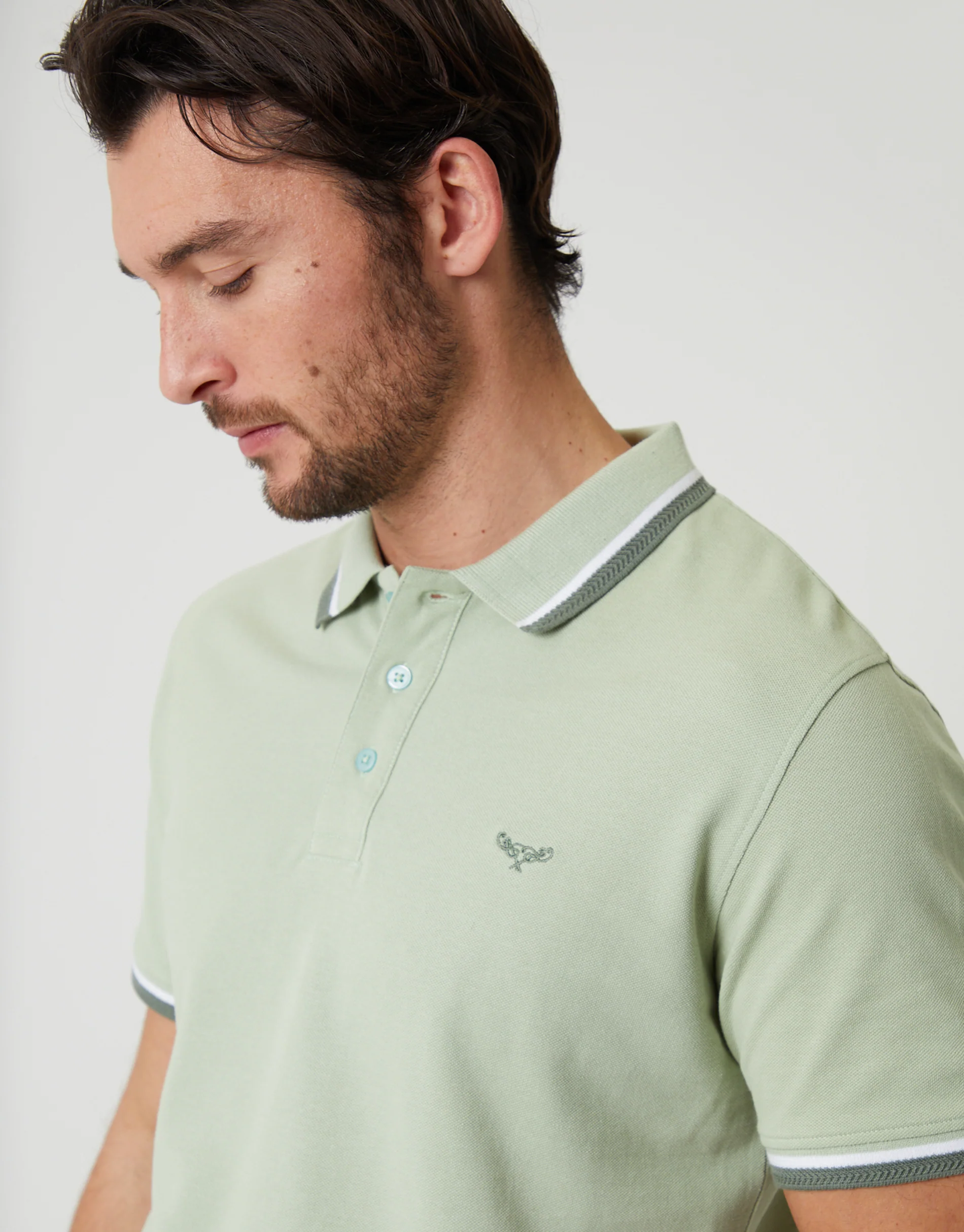Herringbone Tipping Detail Pique Polo Shirt in Sage Green - Image 4