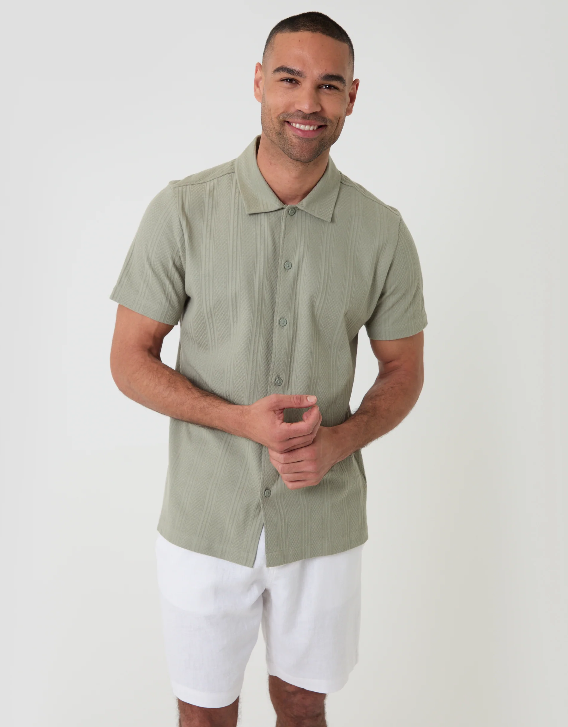 Knitted Cotton Blend Short Sleeve Shirt in Sage Green - Image 2