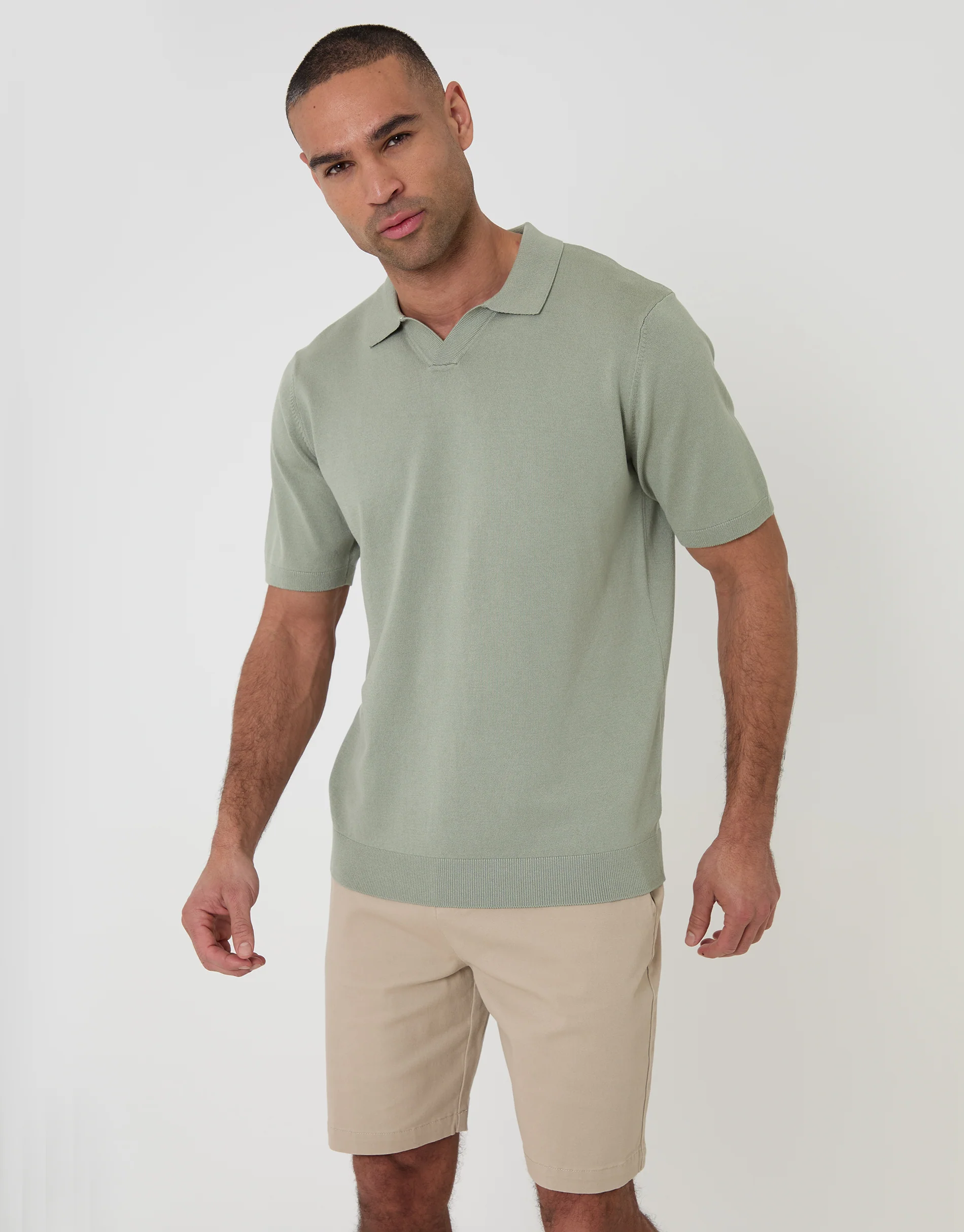 Knitted Trophy Neck Polo in Sage Green