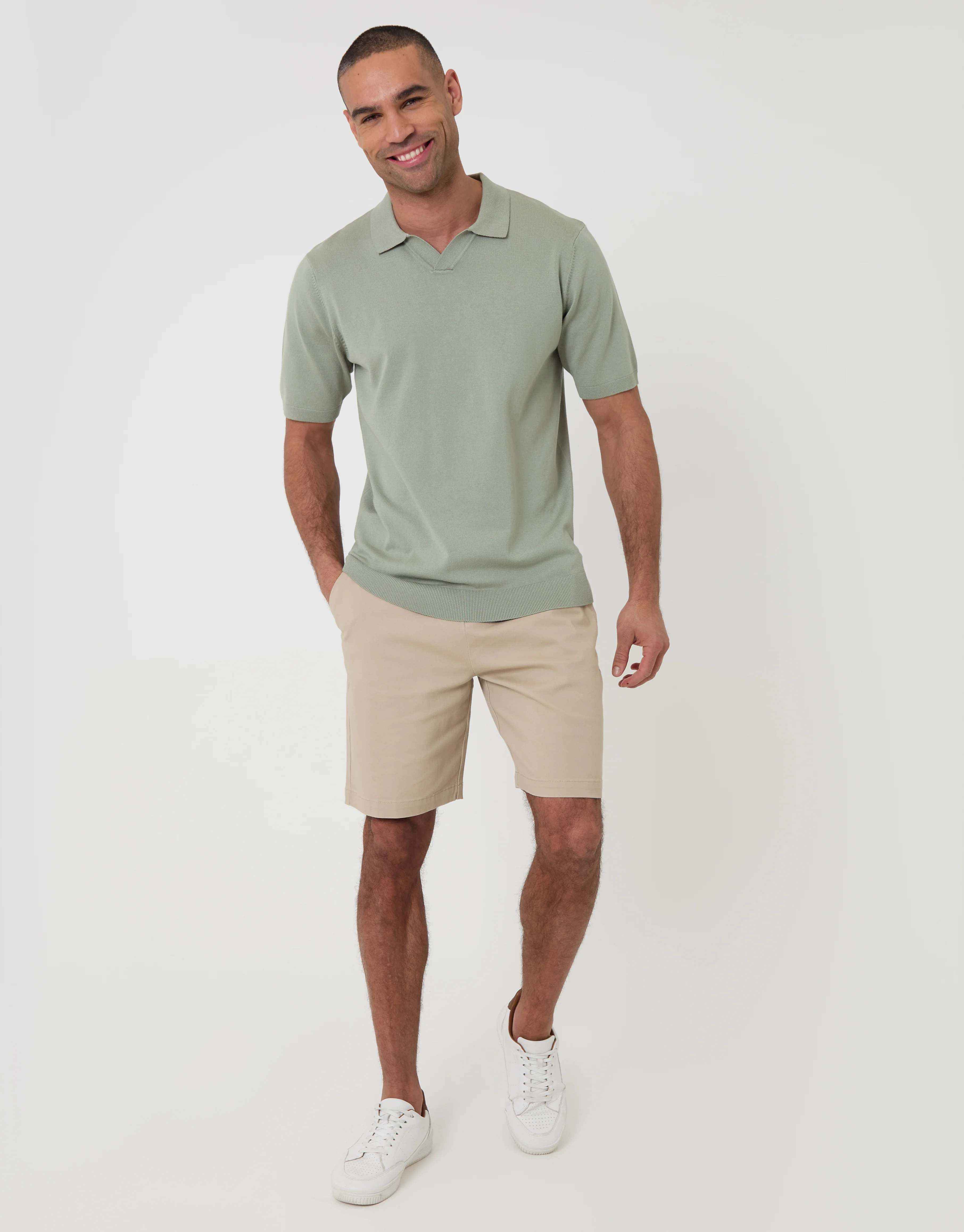 Knitted Trophy Neck Polo in Sage Green - Image 3