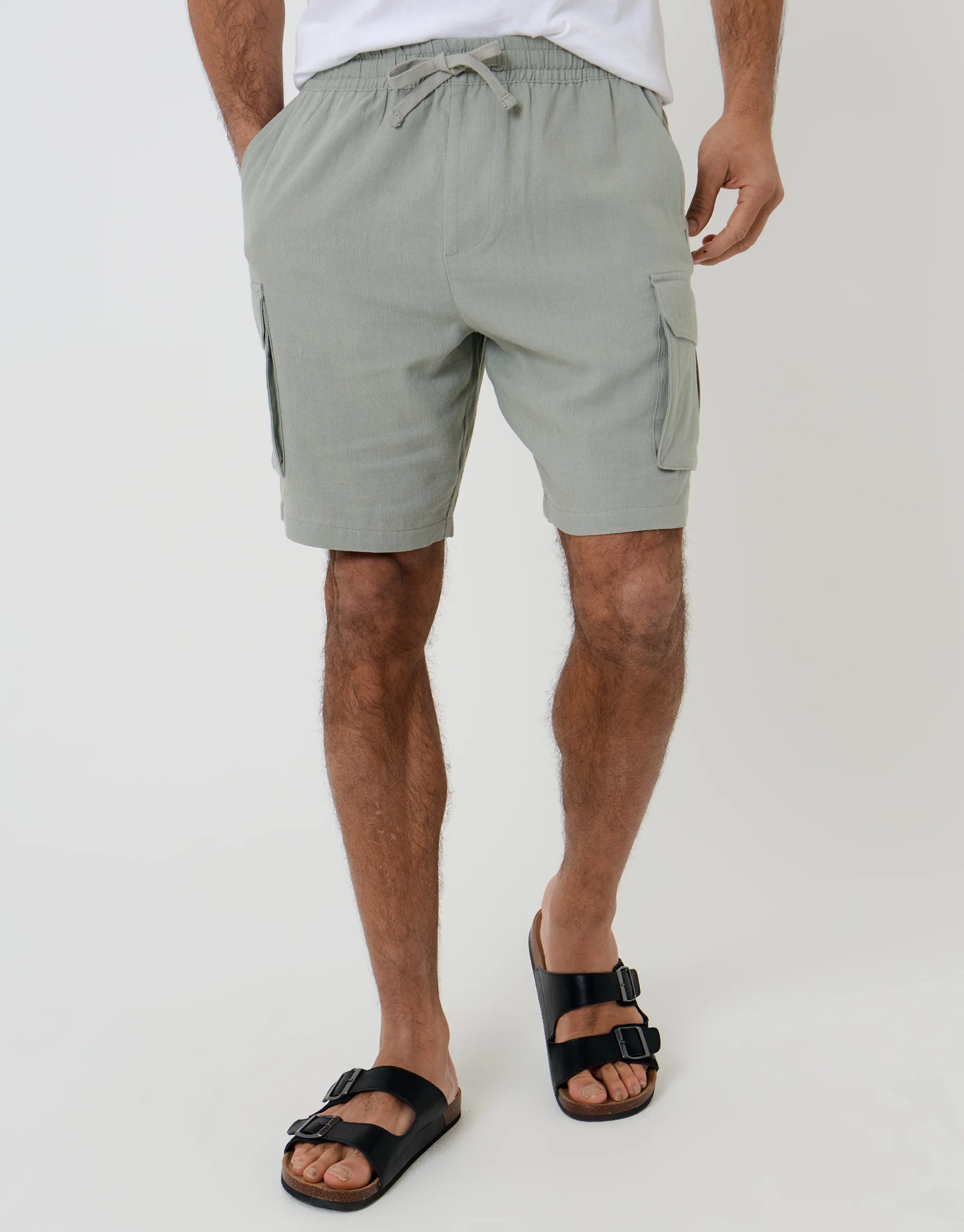 Linen Blend Cargo Shorts in Sage Green - Image 2