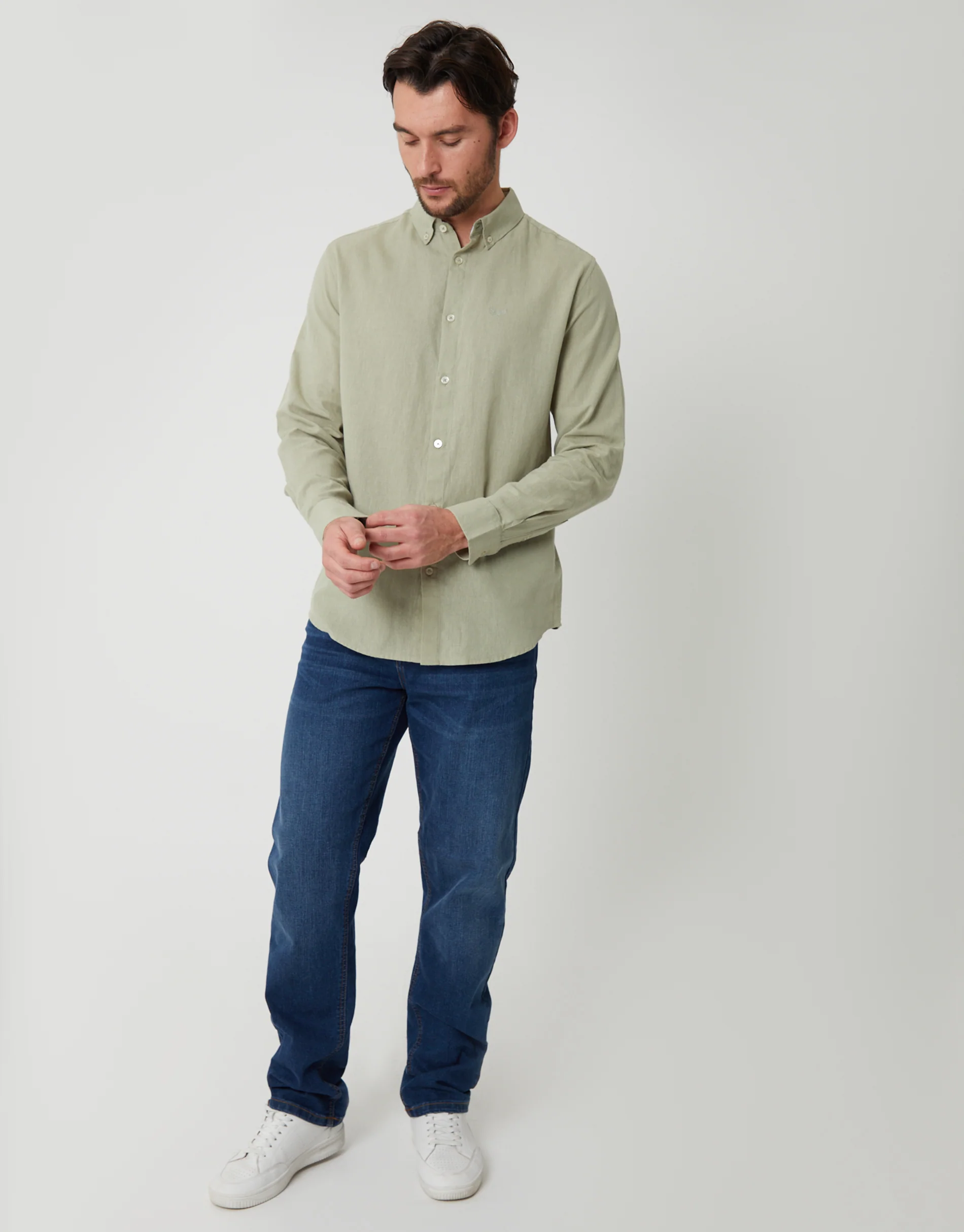 Long Sleeve Linen Blend Shirt in Sage Green - Image 3