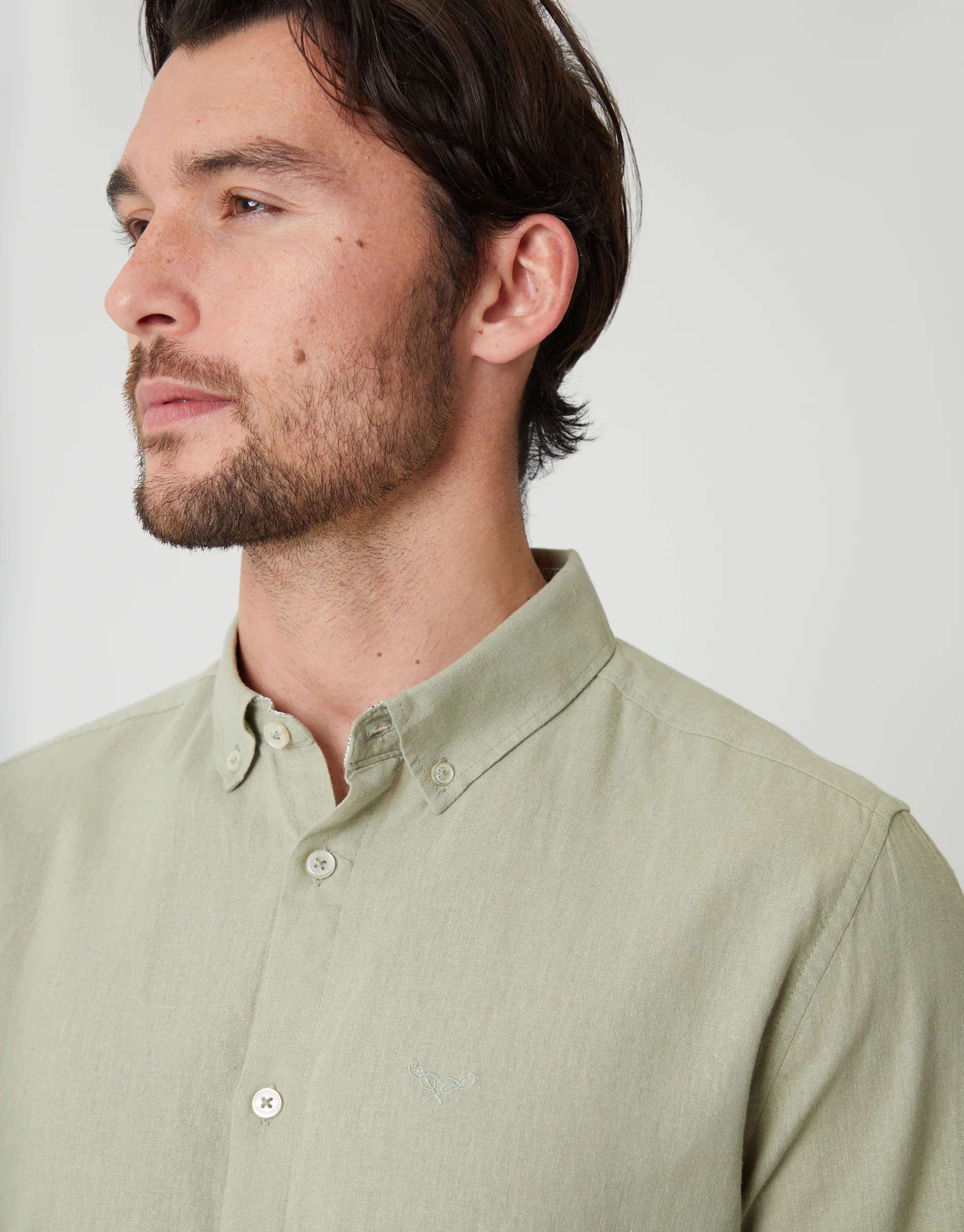 Long Sleeve Linen Blend Shirt in Sage Green - Image 4