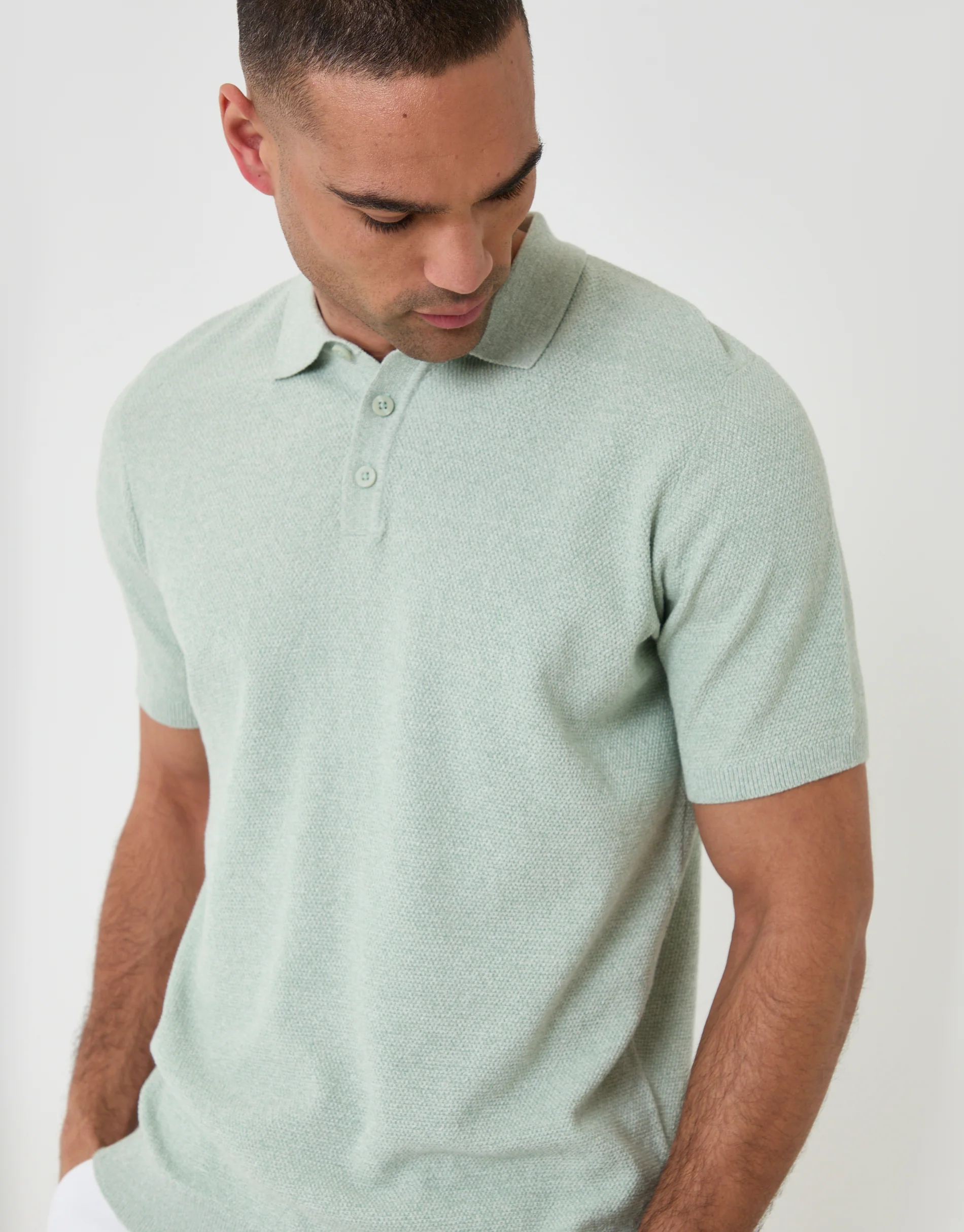 Moss Stitch Knitted Polo in Sage Green