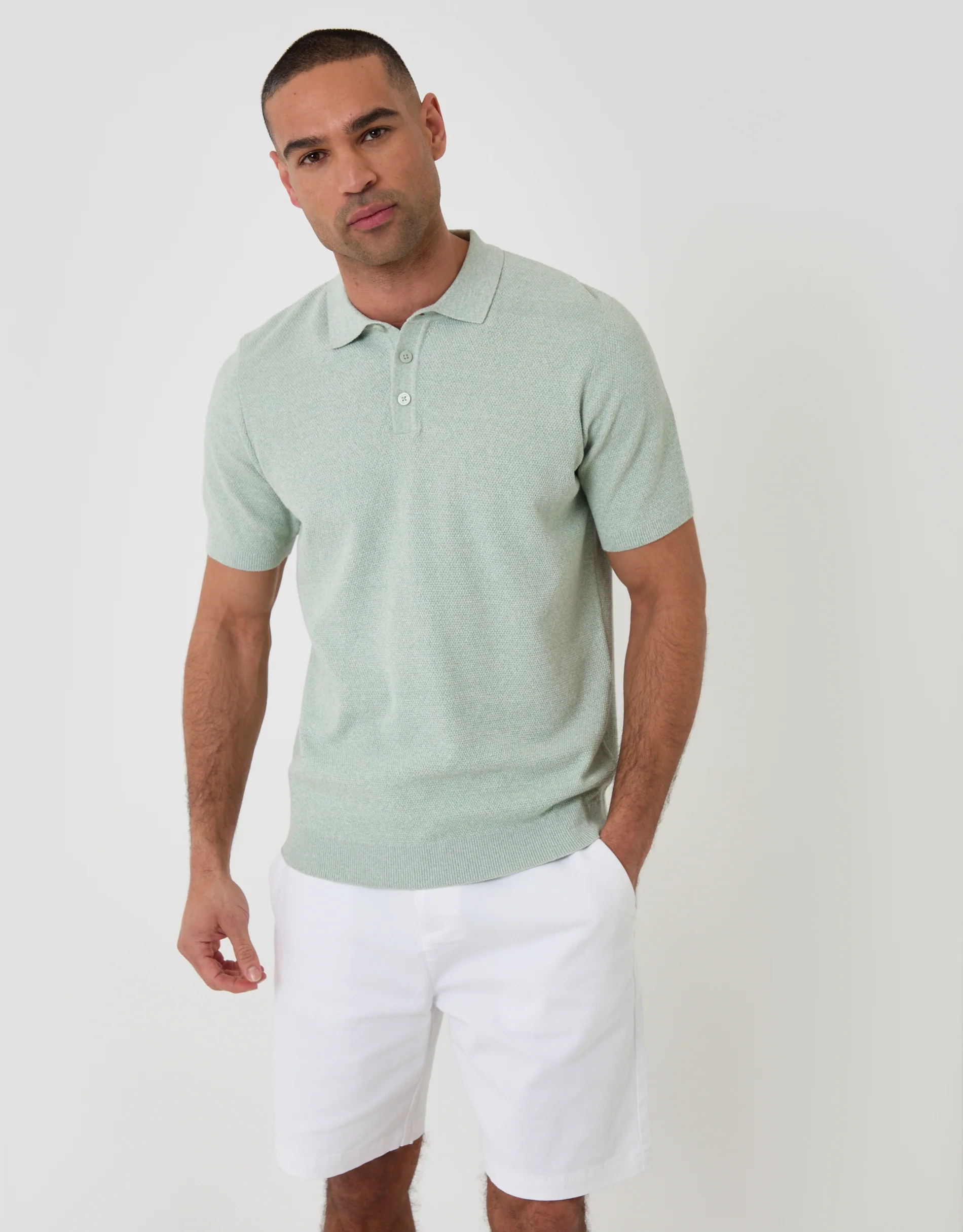 Moss Stitch Knitted Polo in Sage Green - Image 2