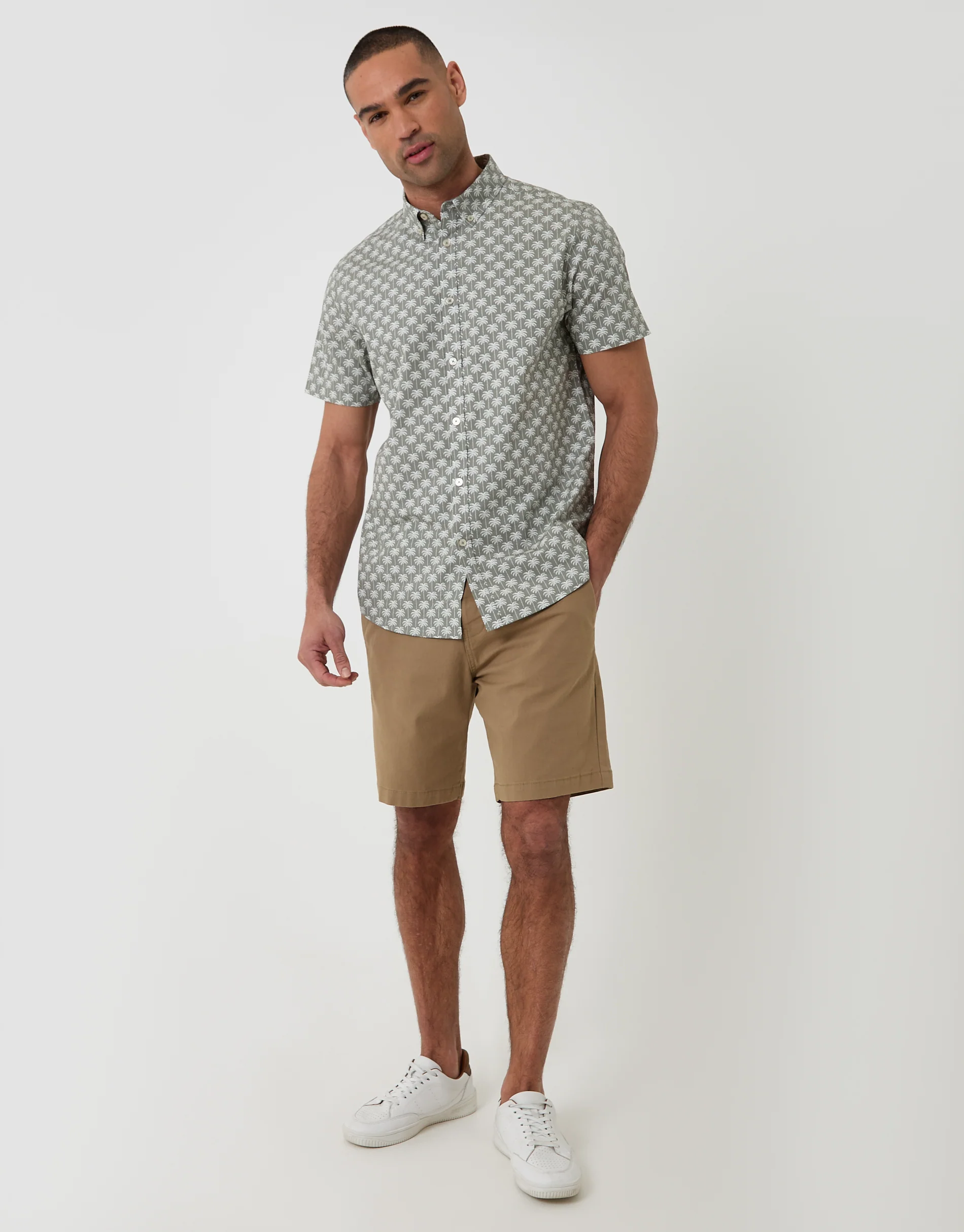 Palm Tree Print Cotton Poplin Short Sleeve Shirt in Sage Green - Image 3
