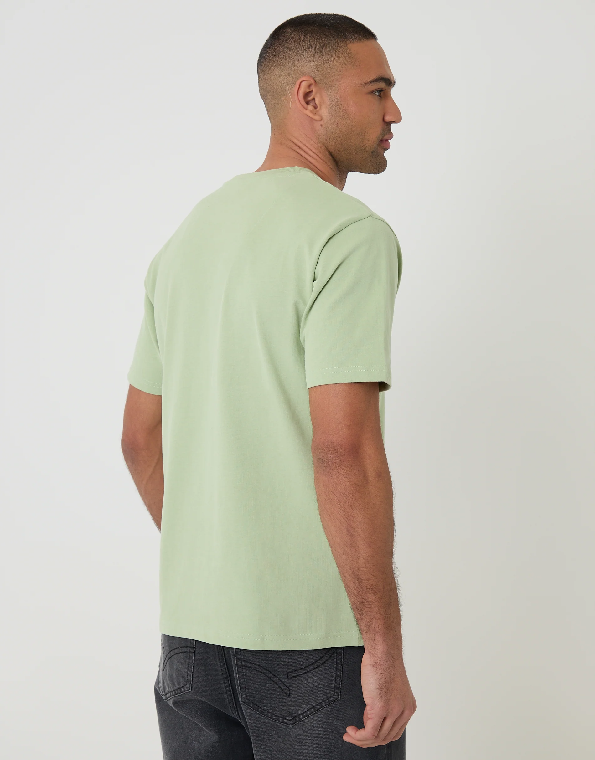 Peached Cotton Crew Neck T-Shirt in Sage Green - Image 2