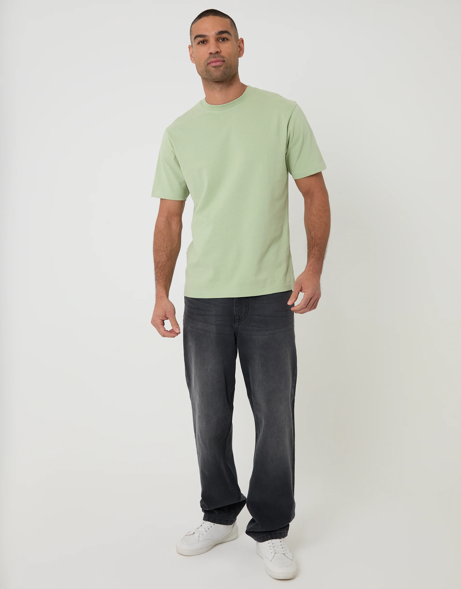 Peached Cotton Crew Neck T-Shirt in Sage Green - Image 3