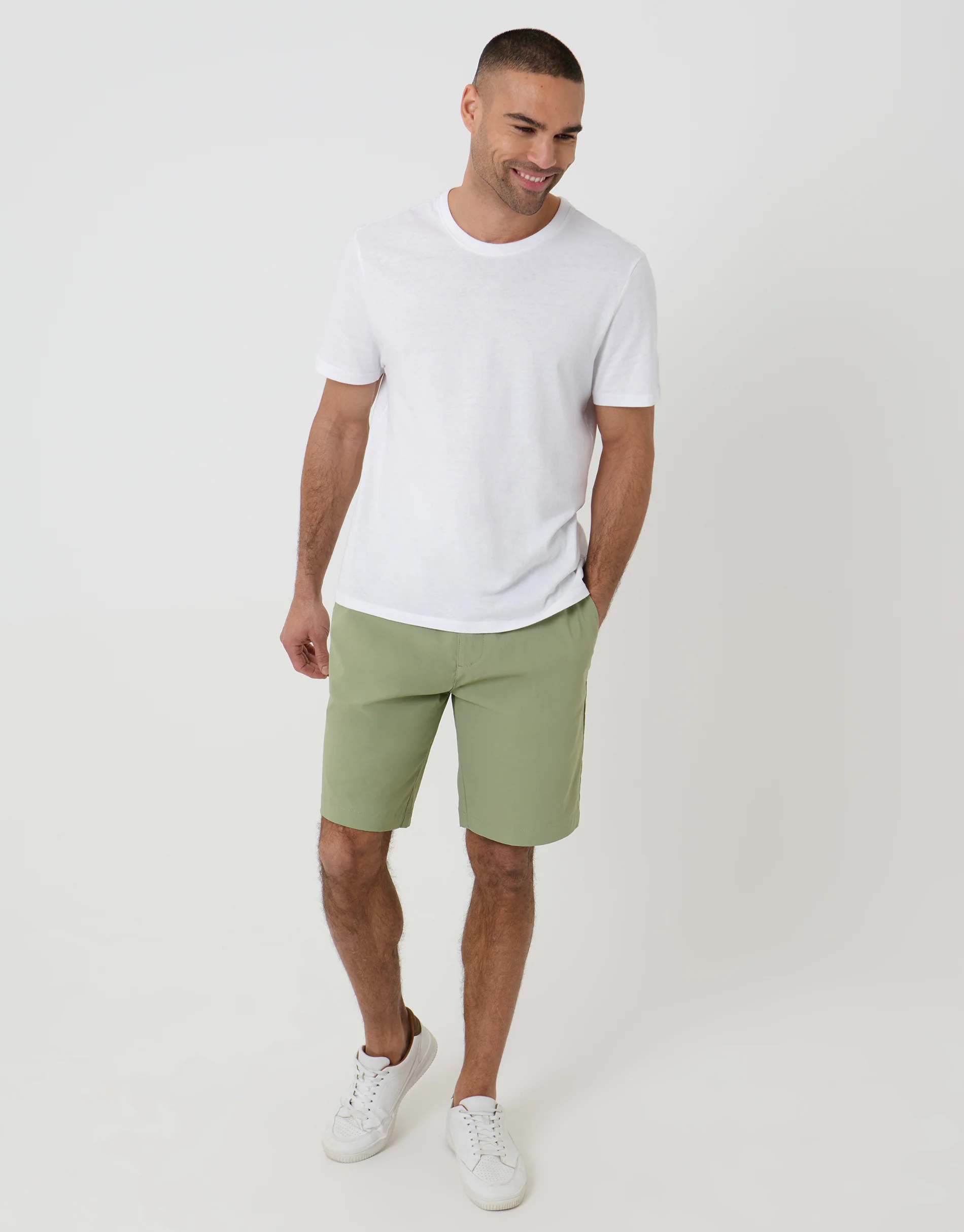 Regular Fit Elasticated Waist Stretch Chino Shorts in Sage Green - Image 3