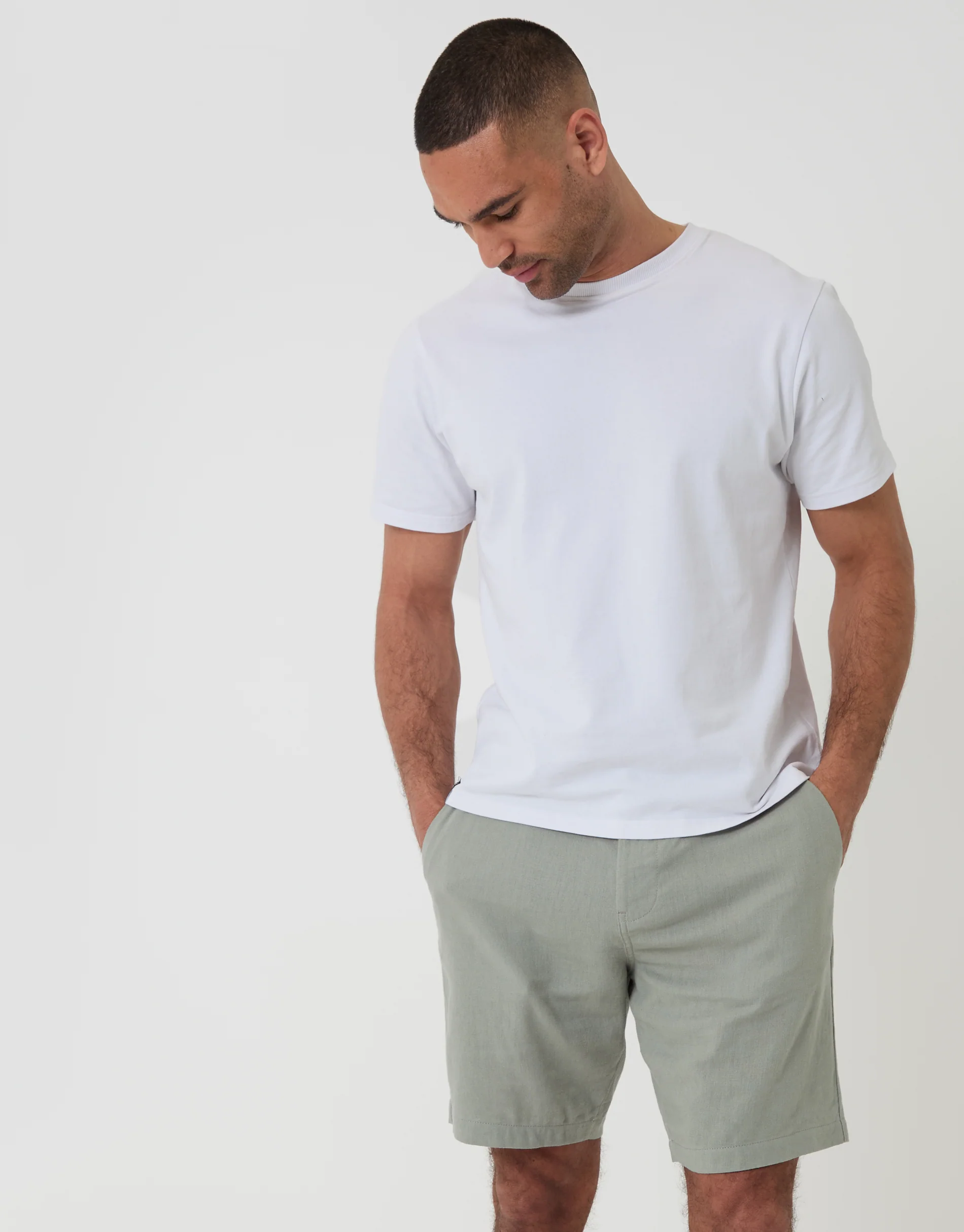 Regular Fit Linen Blend Shorts with Belt in Sage Green