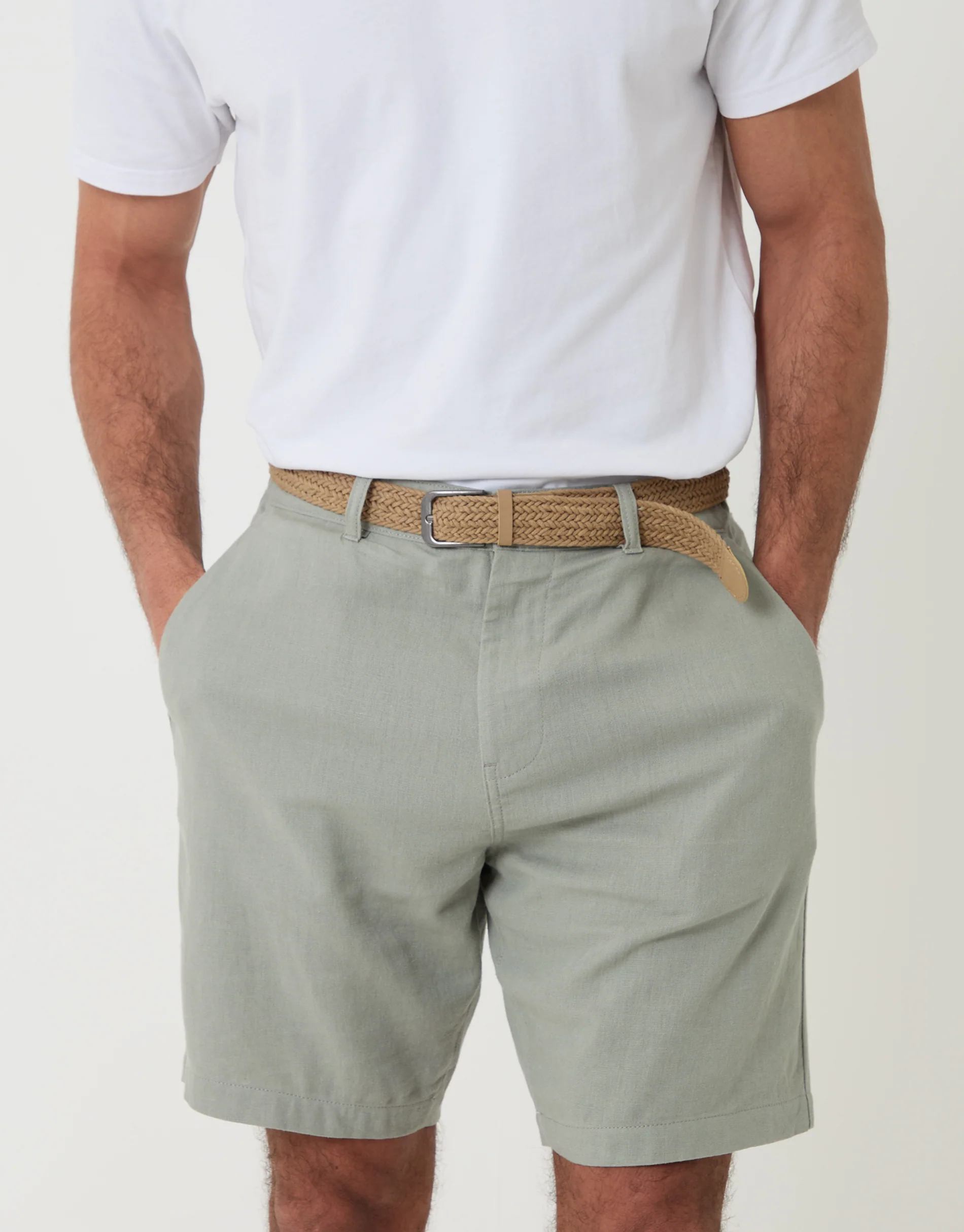 Regular Fit Linen Blend Shorts with Belt in Sage Green - Image 4