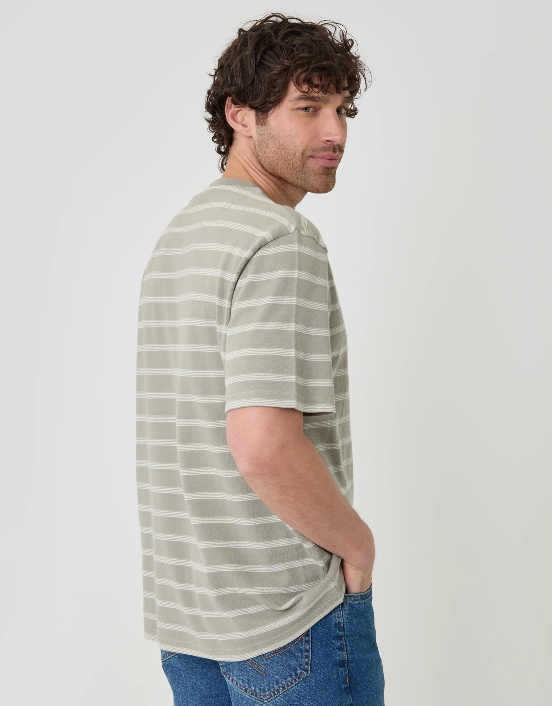Relaxed Fit Cotton T-Shirt in Sage Green Stripe - Image 2