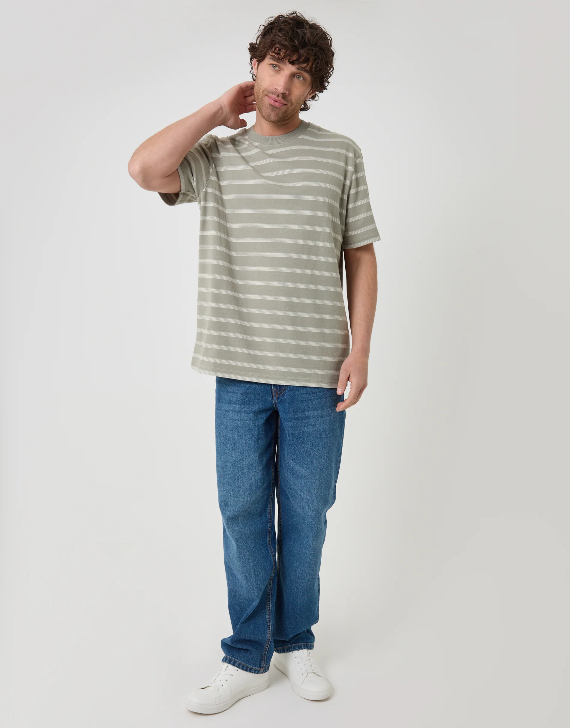 Relaxed Fit Cotton T-Shirt in Sage Green Stripe - Image 3