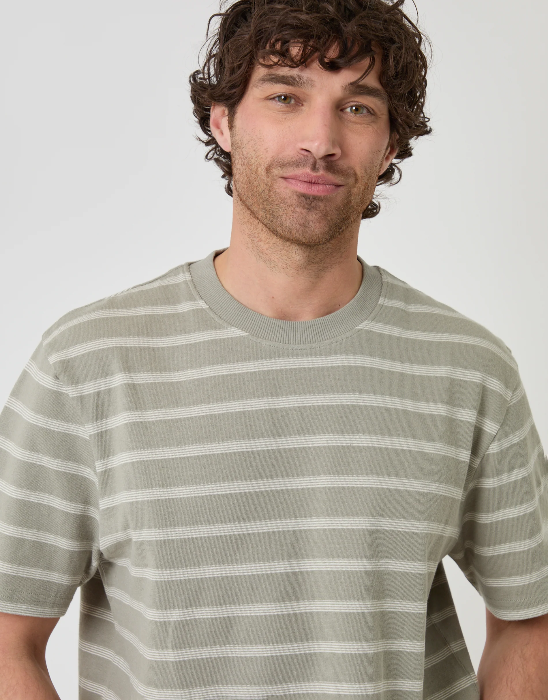 Relaxed Fit Cotton T-Shirt in Sage Green Stripe - Image 4