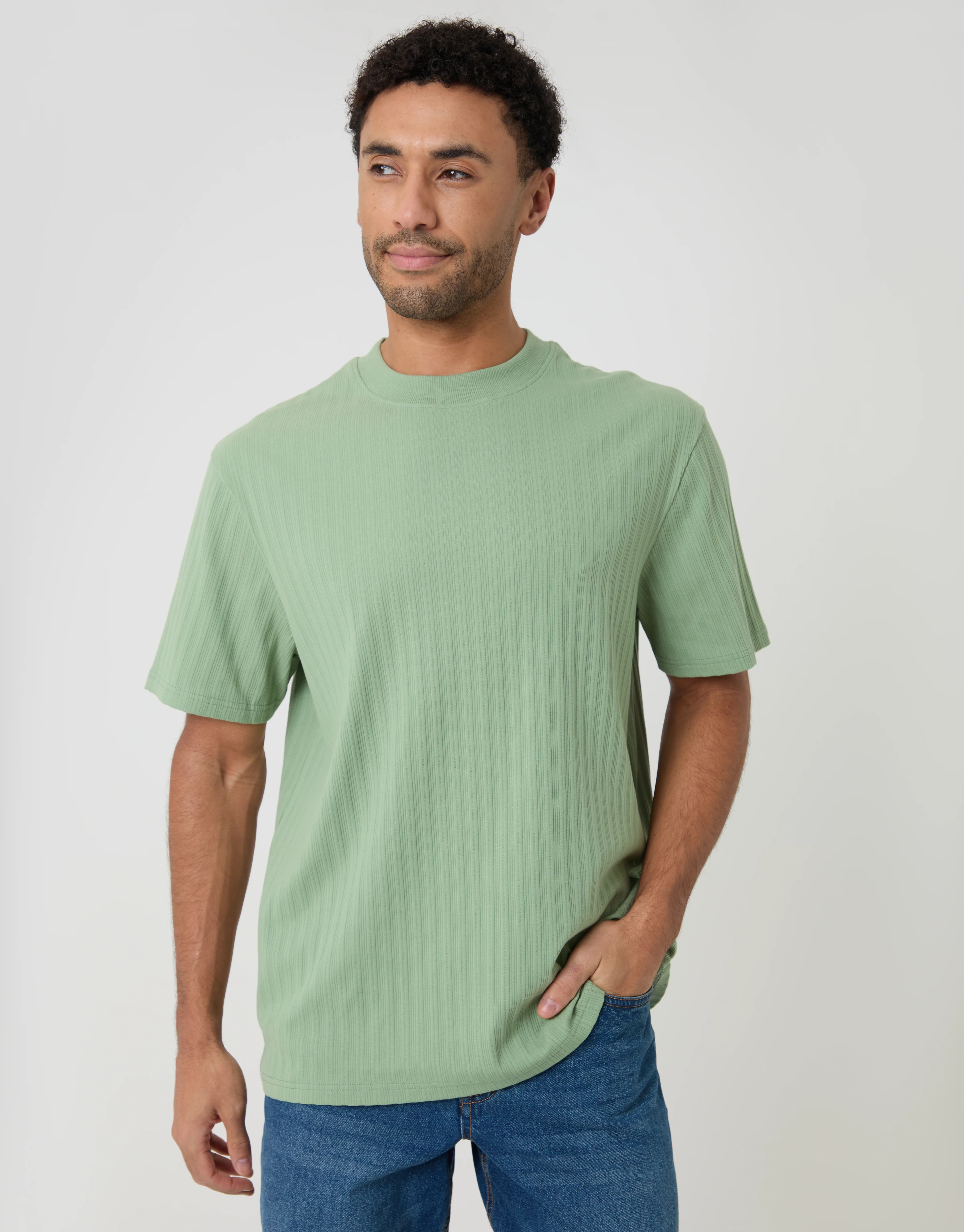 Relaxed Fit Textured Rib Stretch Cotton T-Shirt in Sage Green