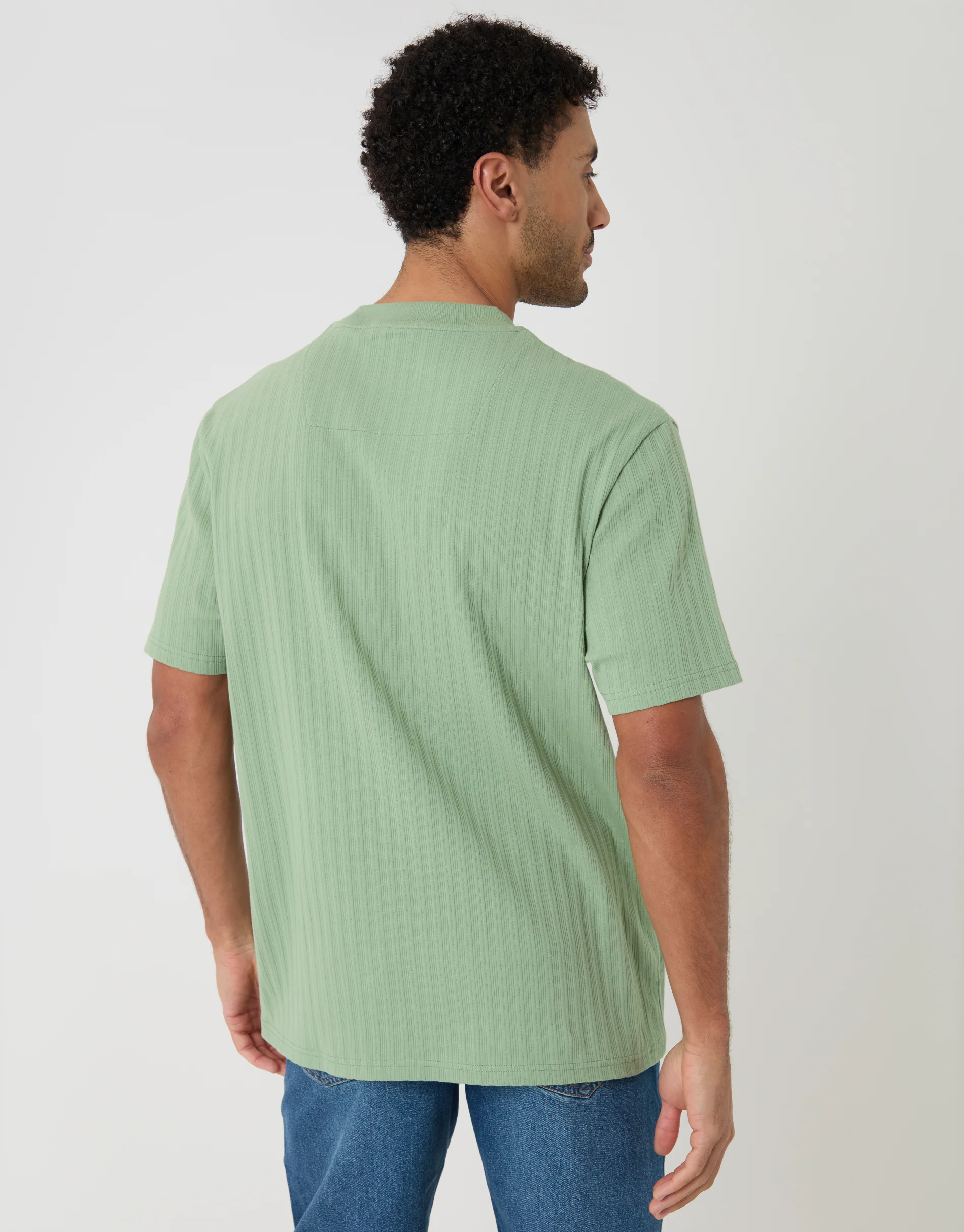 Relaxed Fit Textured Rib Stretch Cotton T-Shirt in Sage Green - Image 2