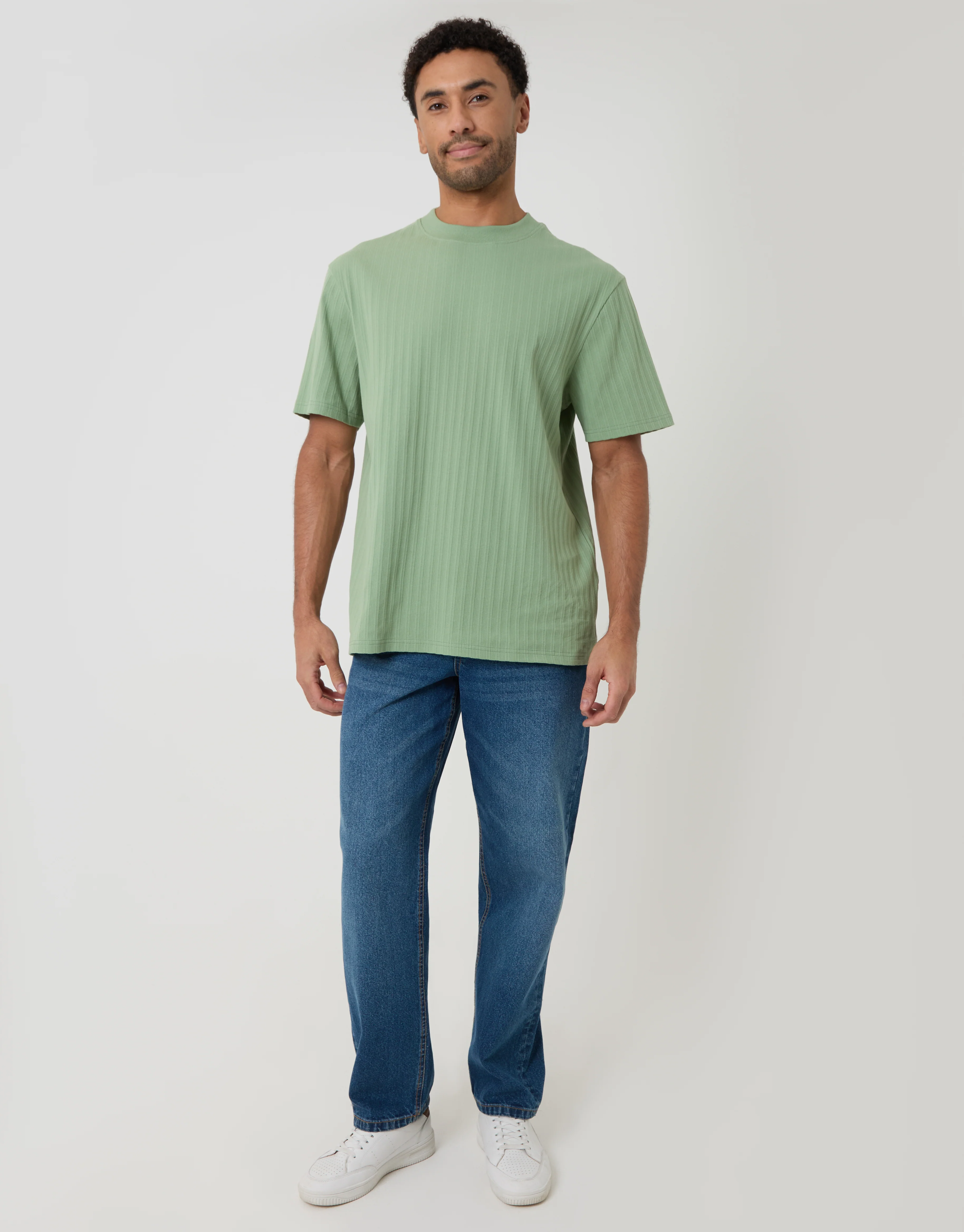 Relaxed Fit Textured Rib Stretch Cotton T-Shirt in Sage Green - Image 3