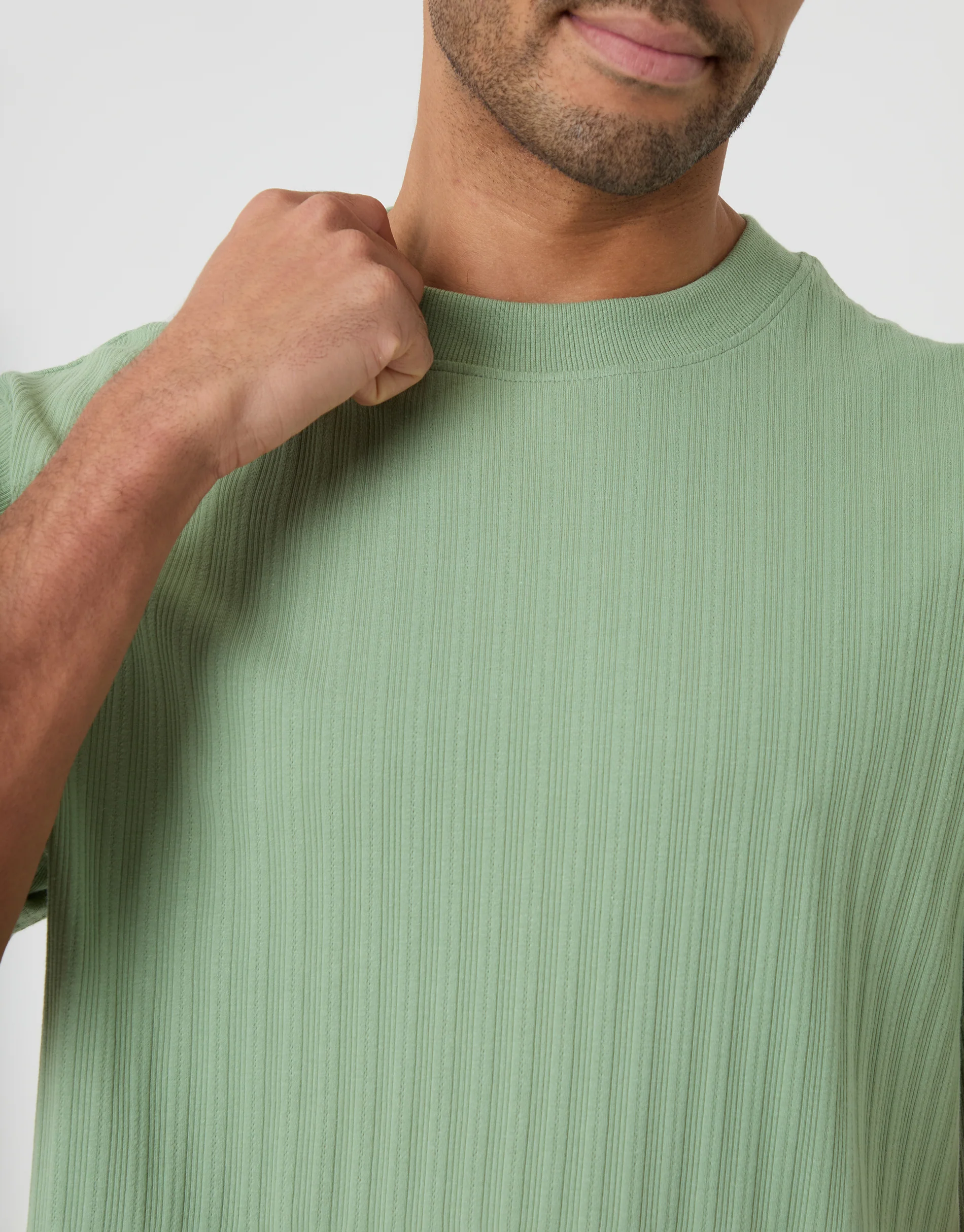 Relaxed Fit Textured Rib Stretch Cotton T-Shirt in Sage Green - Image 4
