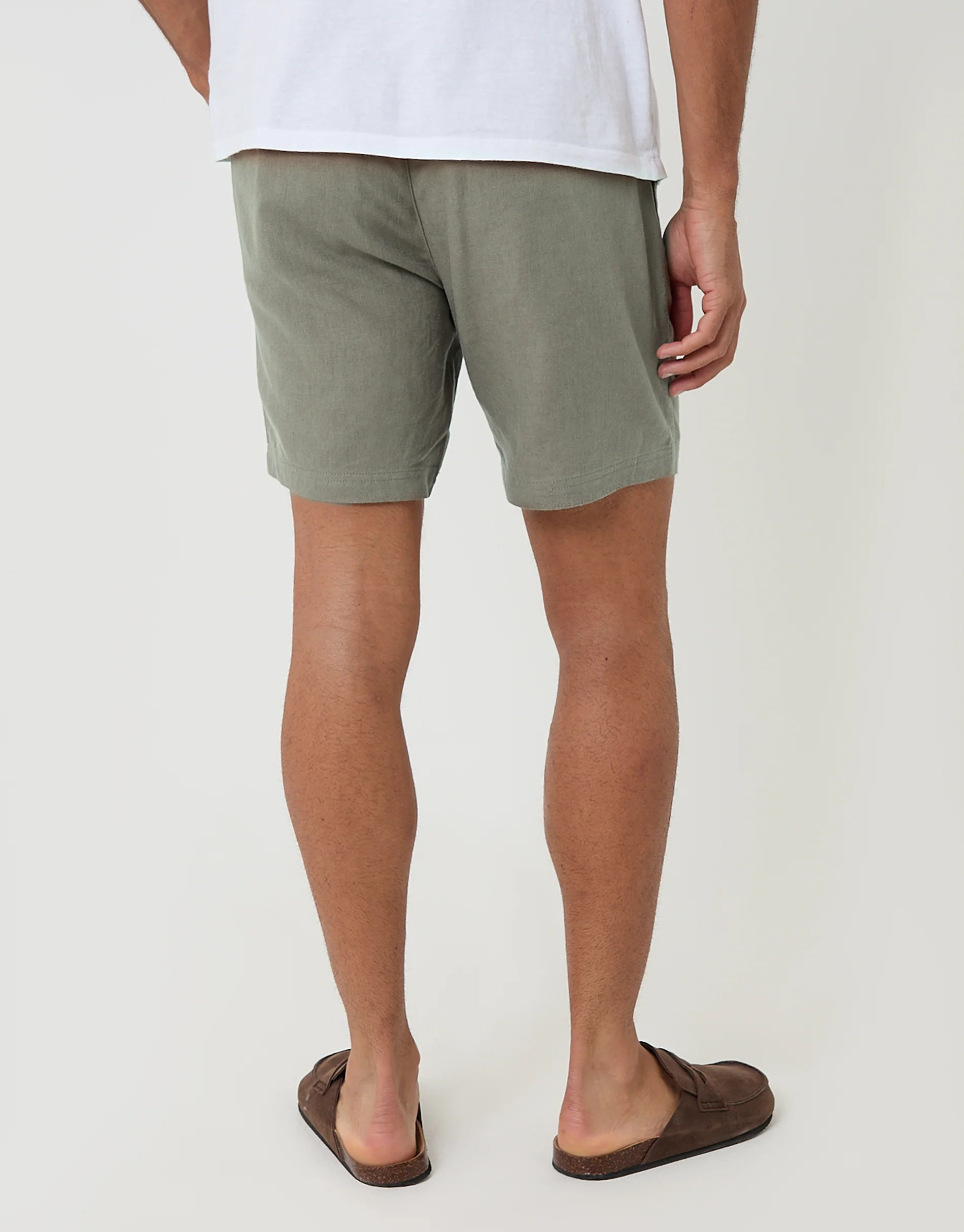 Shorter Length Elasticated Waist Linen Blend Shorts in Sage Green - Image 2